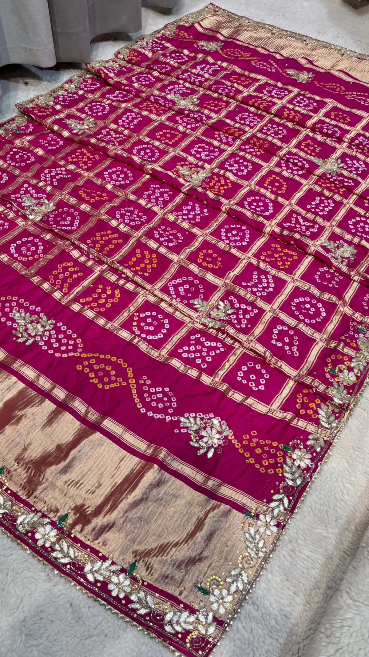 Modal Meena Zari Silk Fabric Bandhej Dupatta with Lakdi Patta Zardozi Kundan Moti Craft