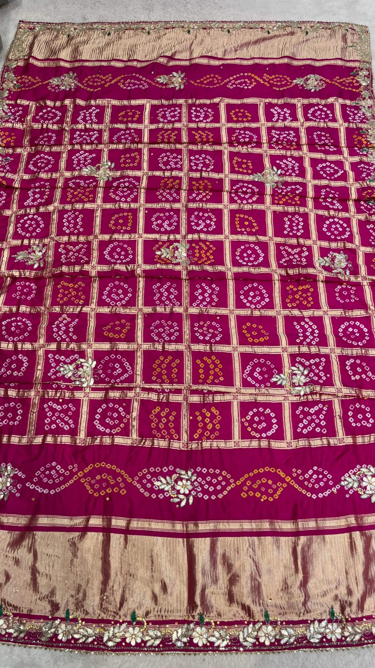 Modal Meena Zari Silk Fabric Bandhej Dupatta with Lakdi Patta Zardozi Kundan Moti Craft
