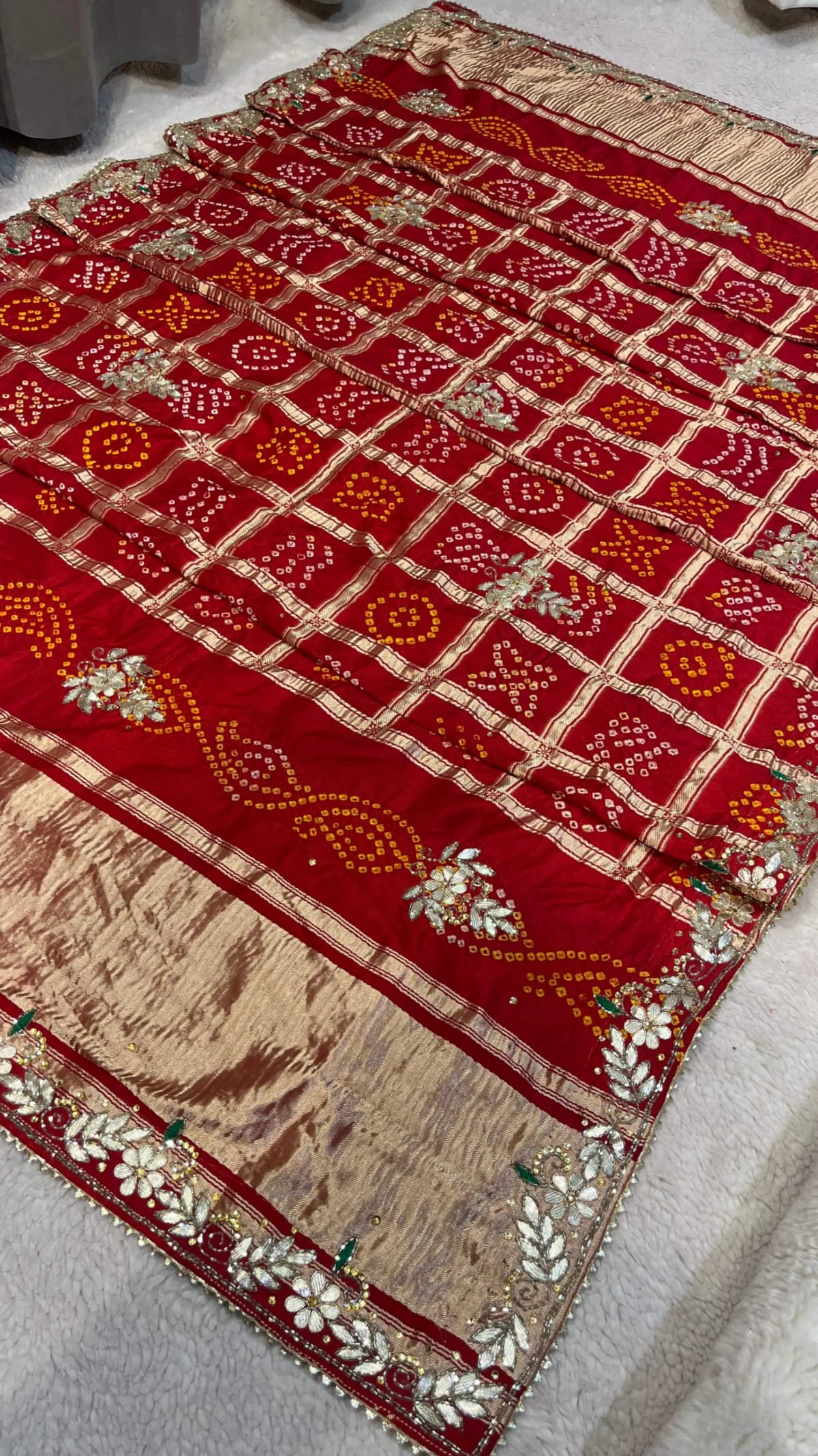 Modal Meena Zari Silk Fabric Bandhej Dupatta with Lakdi Patta Zardozi Kundan Moti Craft