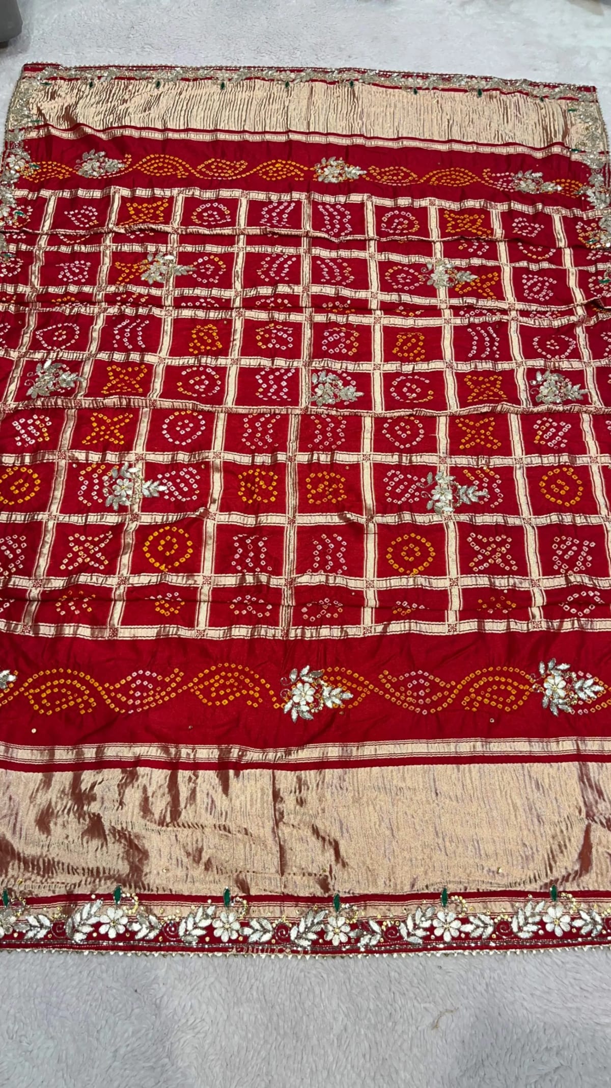 Modal Meena Zari Silk Fabric Bandhej Dupatta with Lakdi Patta Zardozi Kundan Moti Craft