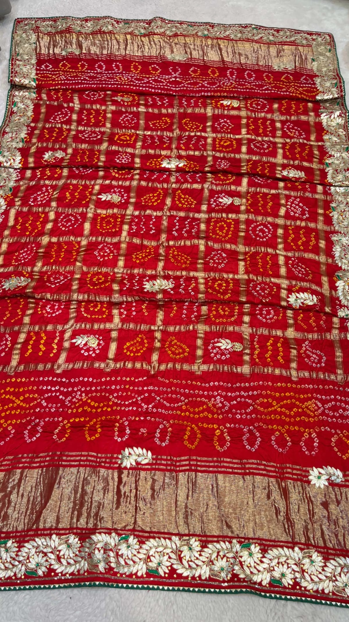 Artisan Modal Meena Zari Silk Fabric Bandhej Dupatta with Lakdi Patta Kashyap Patti Kundan Moti