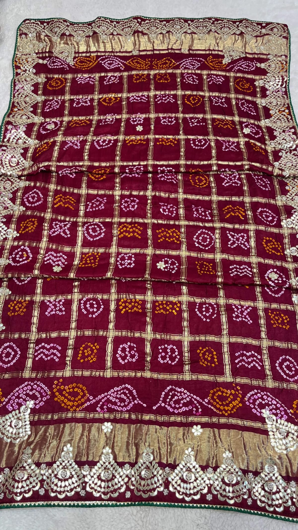 Premium Pure Gazi Silk Fabric Dupatta with Lakdi Patta, Hand Bandhej & Zardozi Kundan Moti Gotta Work
