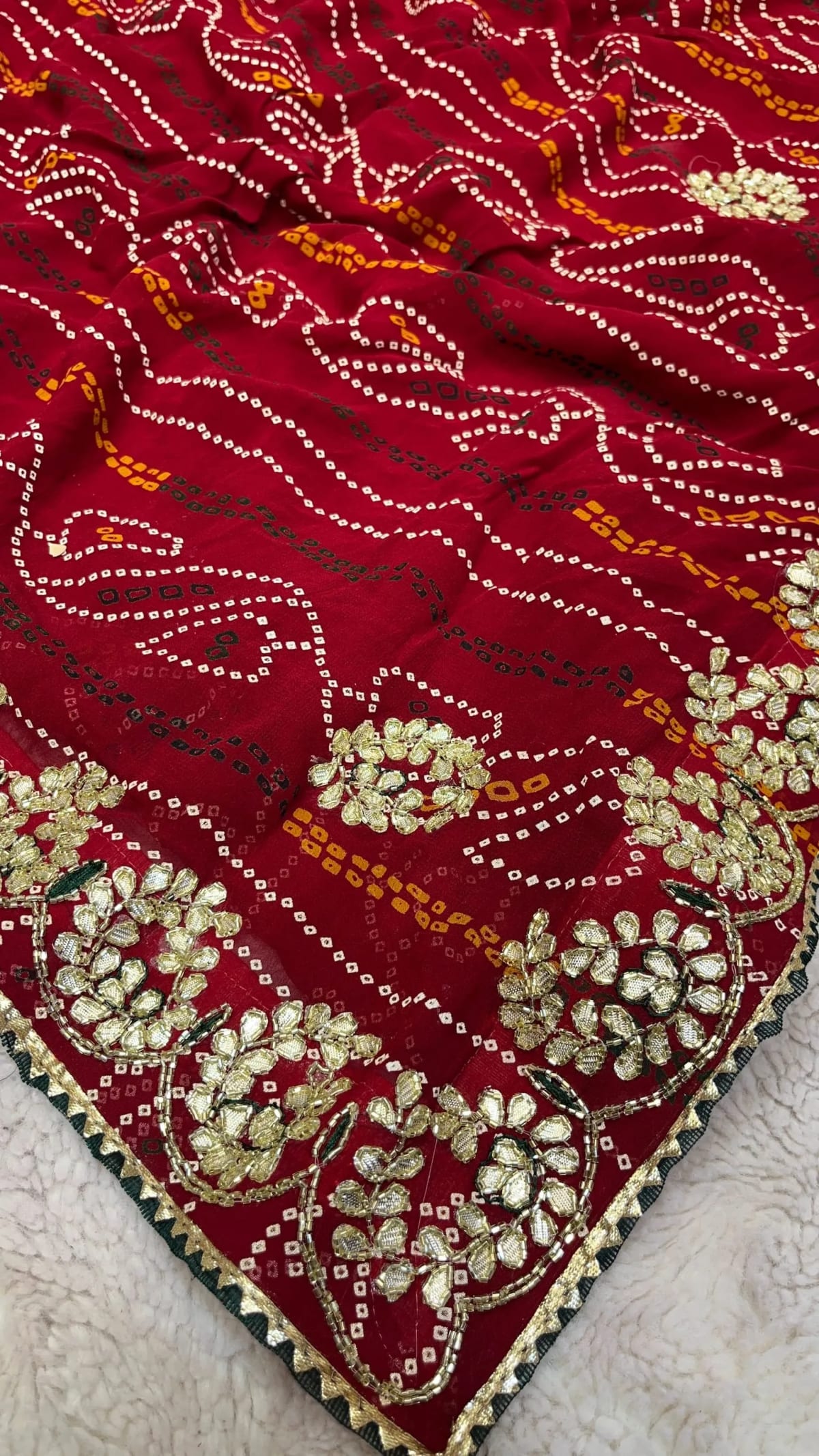 Handcrafted Chundri Bandhej Saree in Pure Viscose Georgette Fabric | Kundan Zardozi Elegance