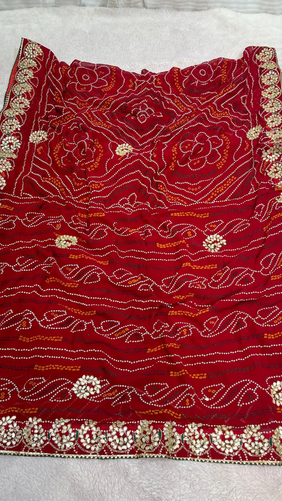 Handcrafted Chundri Bandhej Saree in Pure Viscose Georgette Fabric | Kundan Zardozi Elegance