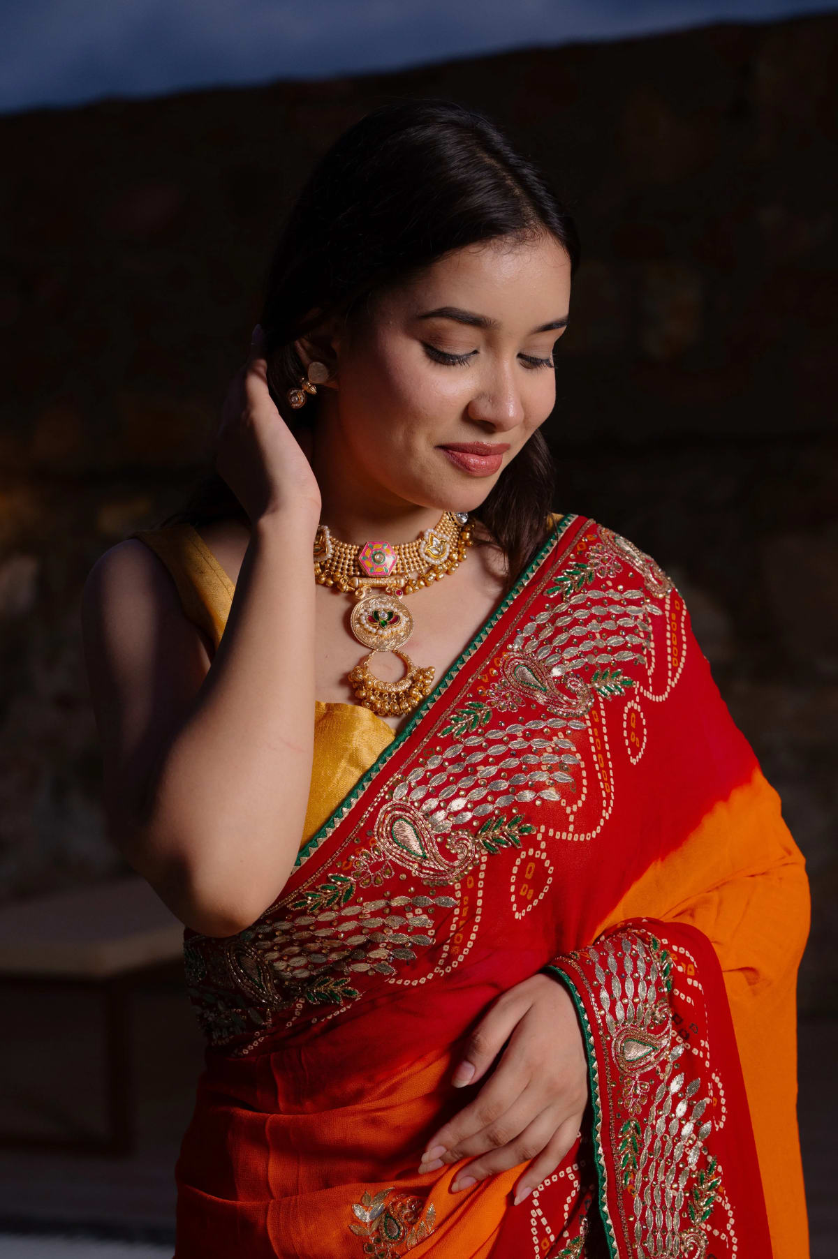 Orange Pila Georgette Fabric Saree with Kardana Handwork