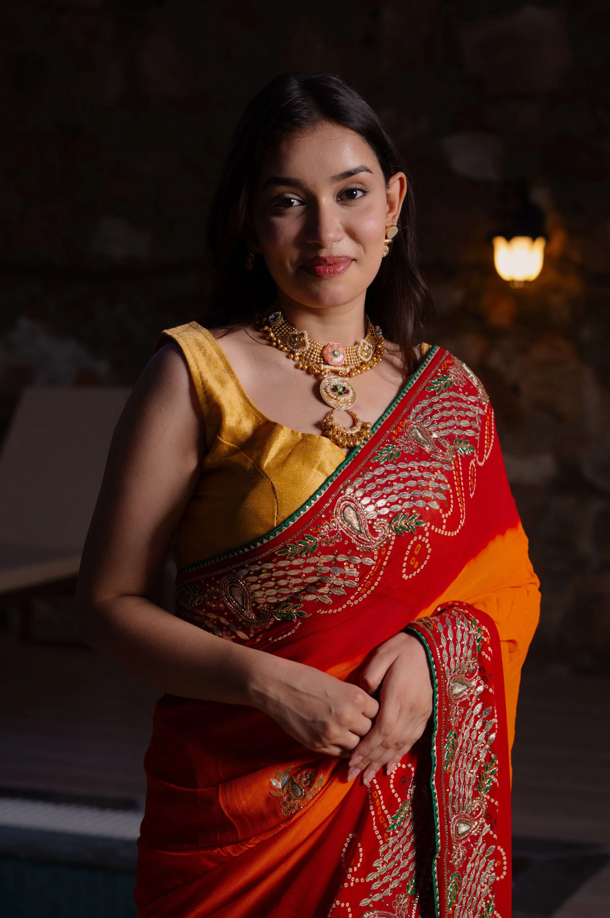 Orange Pila Georgette Fabric Saree with Kardana Handwork