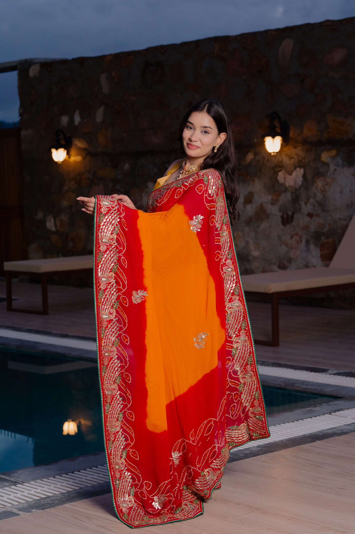 Orange Pila Georgette Fabric Saree with Kardana Handwork