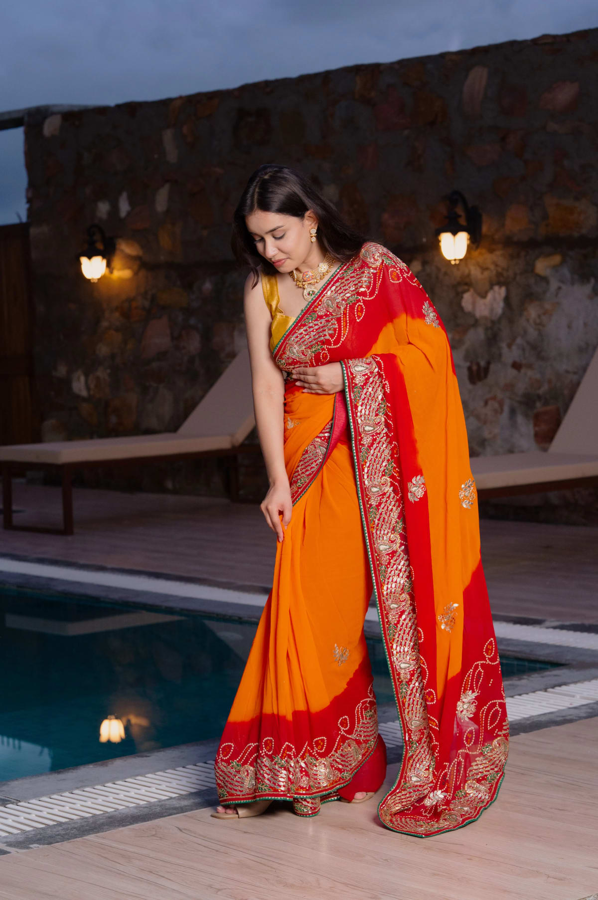 Orange Pila Georgette Fabric Saree with Kardana Handwork