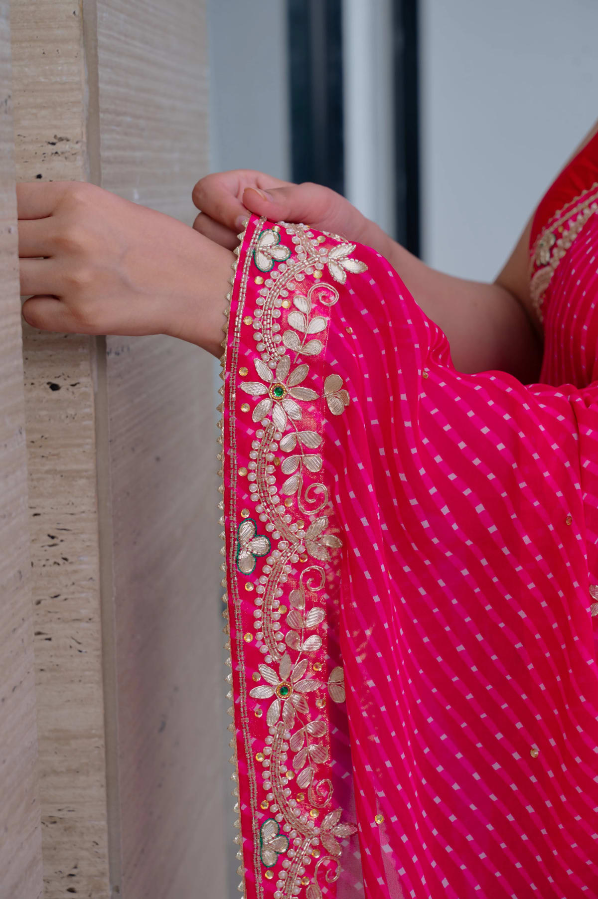 Viscose Georgette Fabric Leheriya Mothra Saree with Zardozi Work