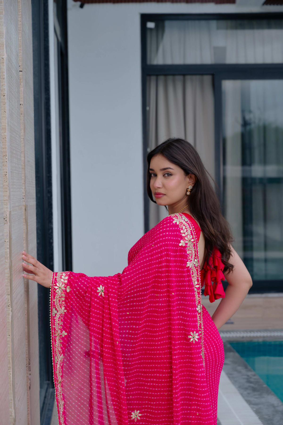 Viscose Georgette Fabric Leheriya Mothra Saree with Zardozi Work