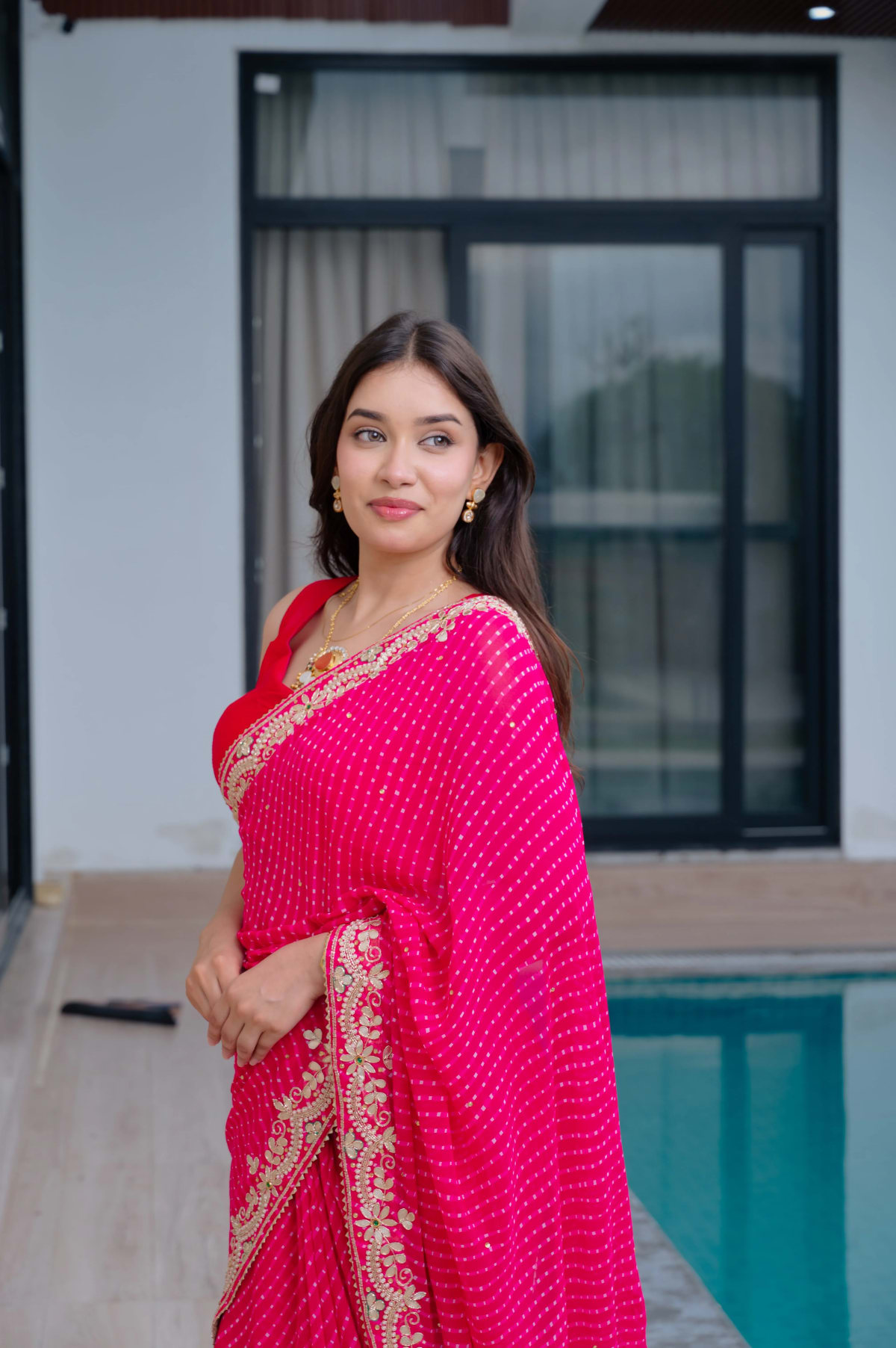 Viscose Georgette Fabric Leheriya Mothra Saree with Zardozi Work