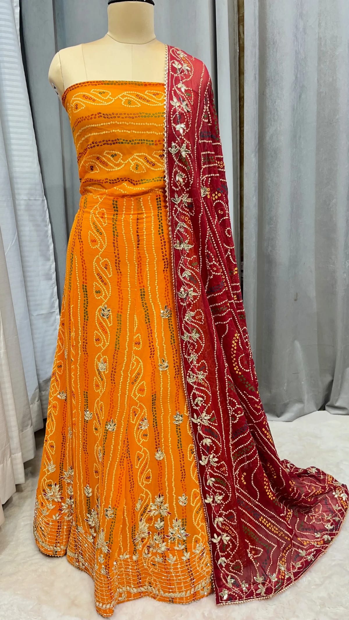 Bandhej Georgette Fabric Lehenga with Handcrafted Kundan Patti Work