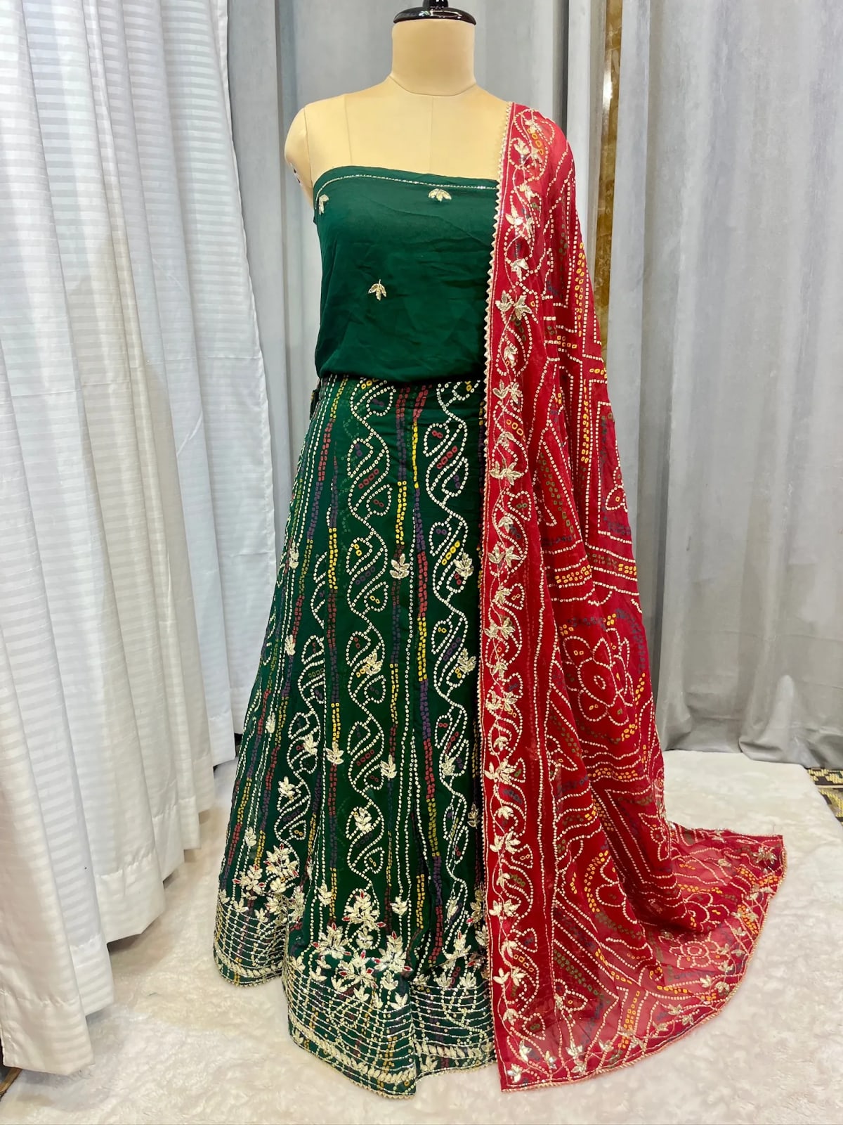 Bandhej Georgette Fabric Lehenga with Handcrafted Kundan Patti Work
