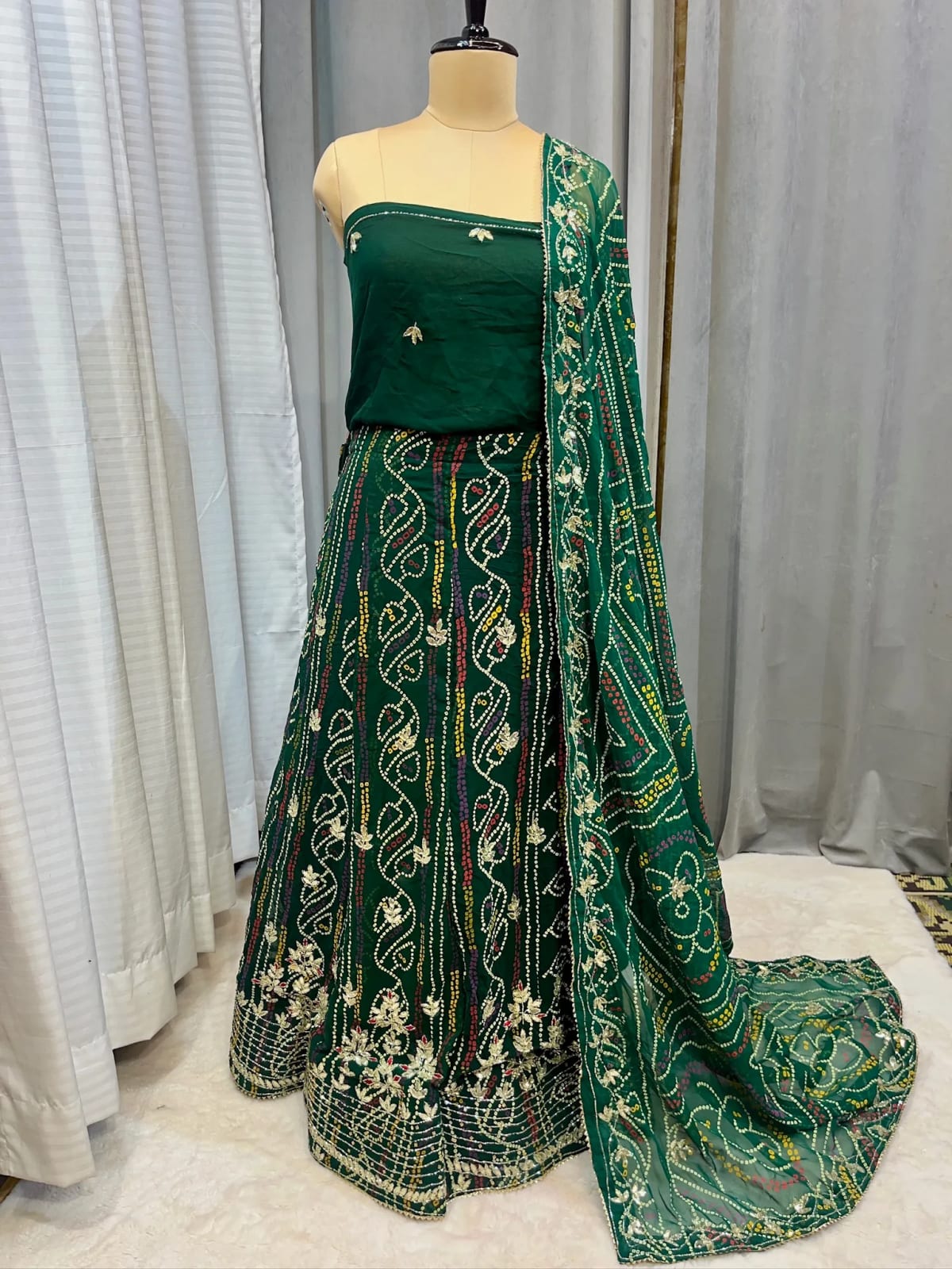 Bandhej Georgette Fabric Lehenga with Handcrafted Kundan Patti Work