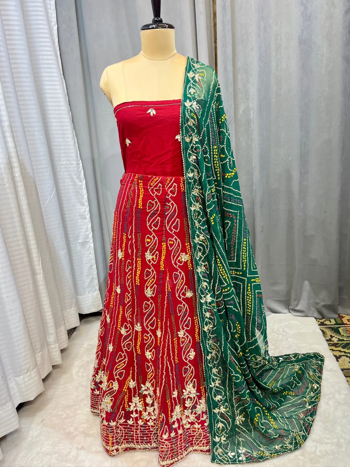 Bandhej Georgette Fabric Lehenga with Handcrafted Kundan Patti Work
