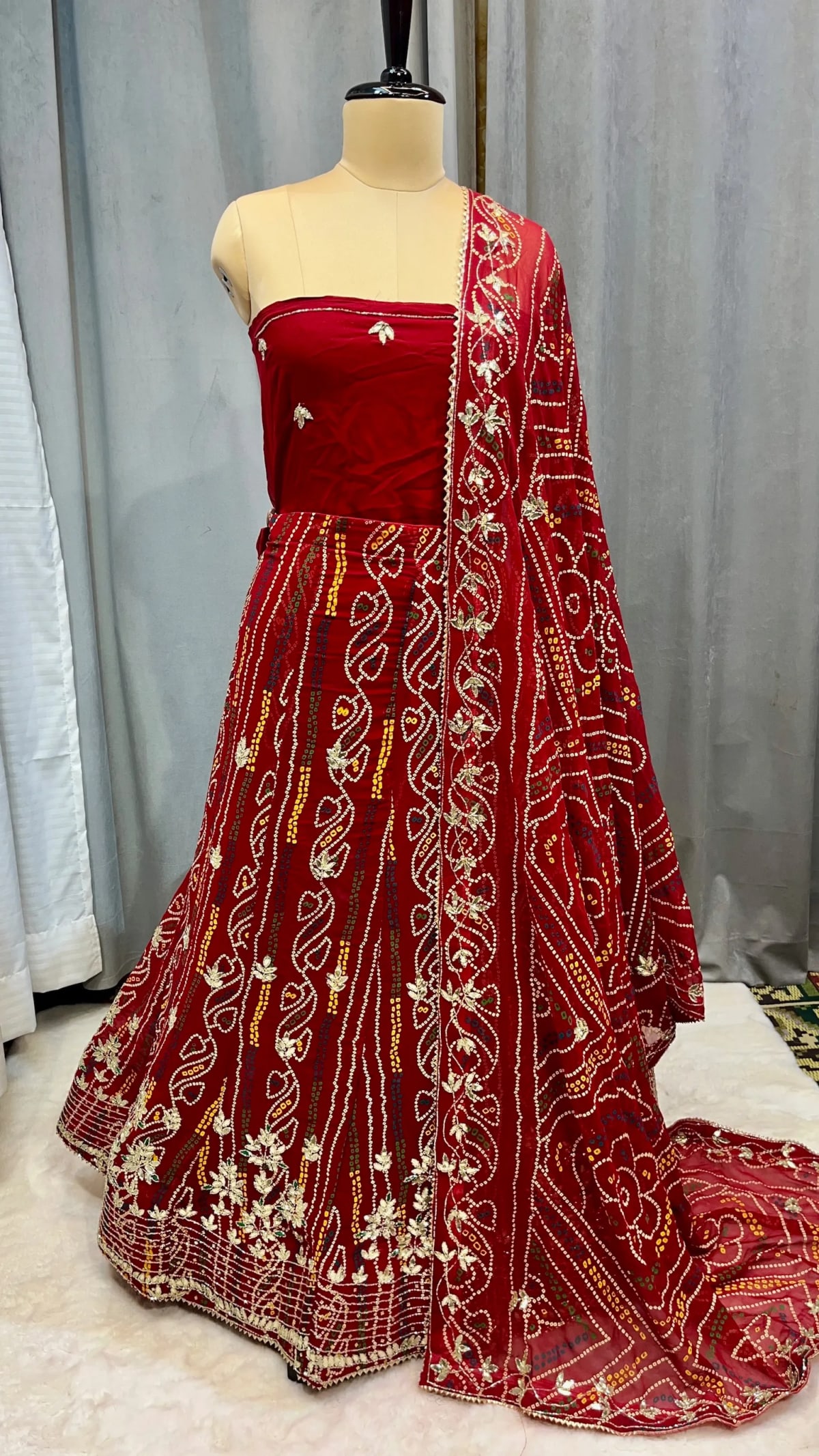 Bandhej Georgette Fabric Lehenga with Handcrafted Kundan Patti Work