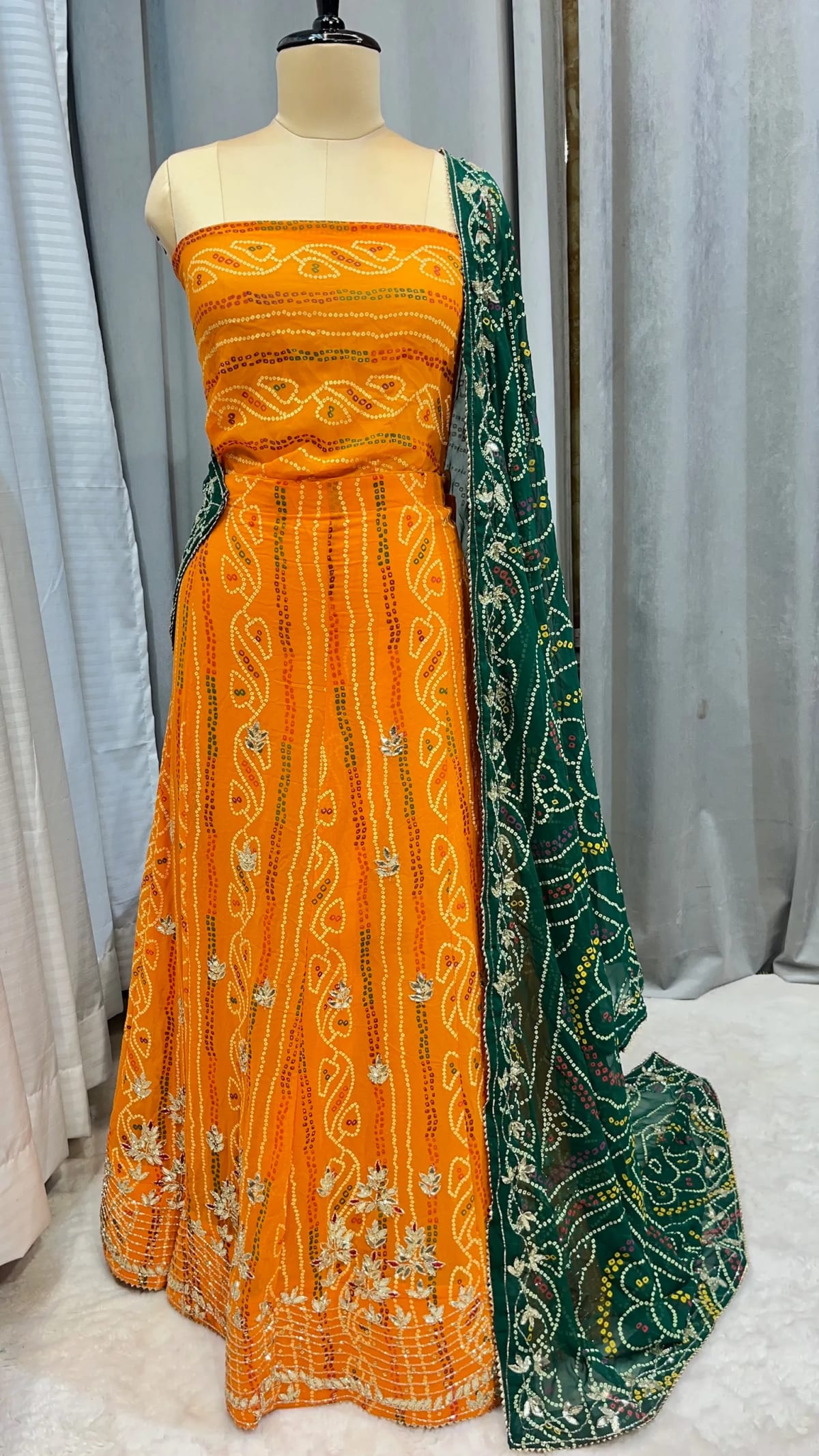 Bandhej Georgette Fabric Lehenga with Handcrafted Kundan Patti Work