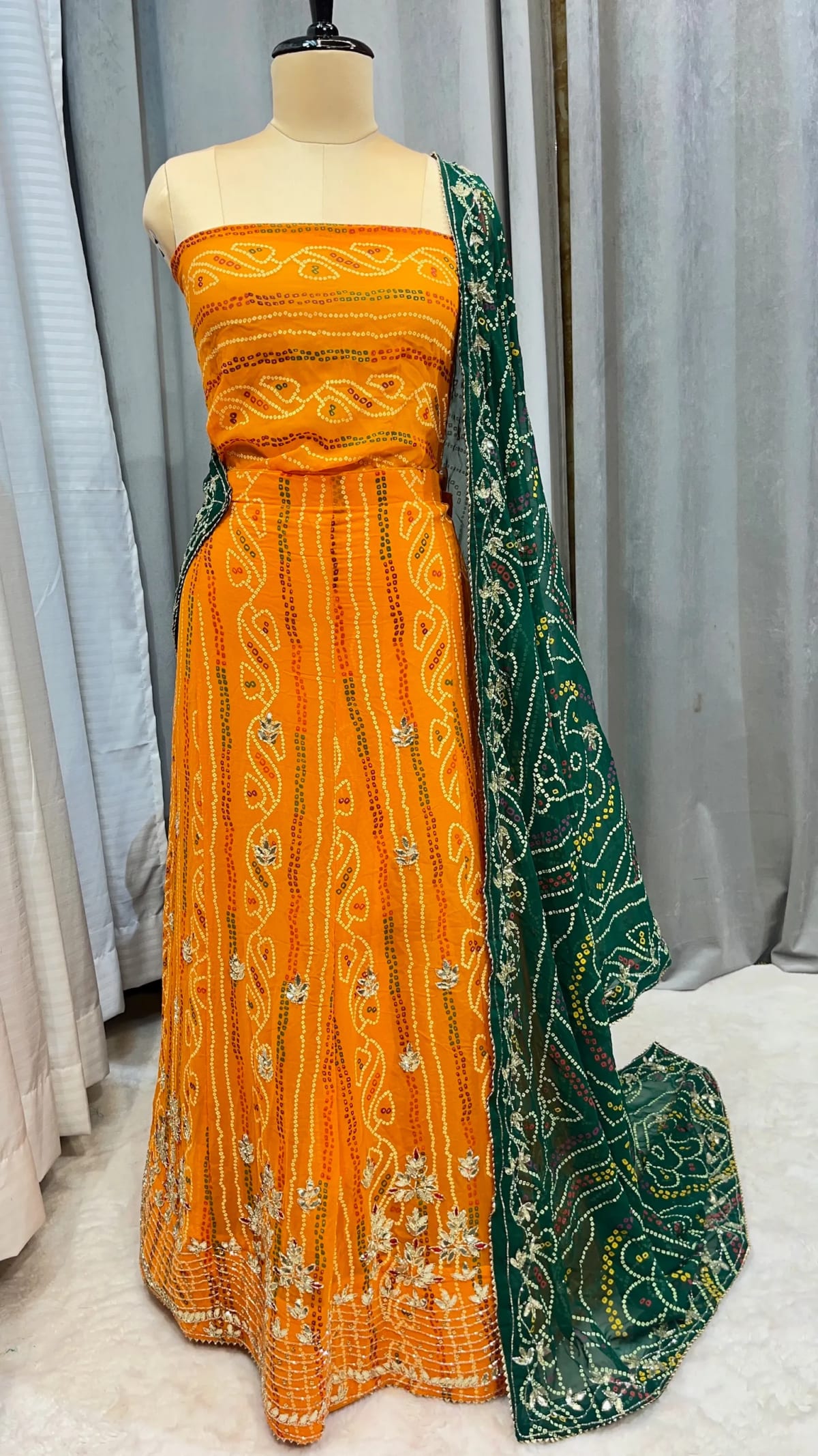 Bandhej Georgette Fabric Lehenga with Handcrafted Kundan Patti Work