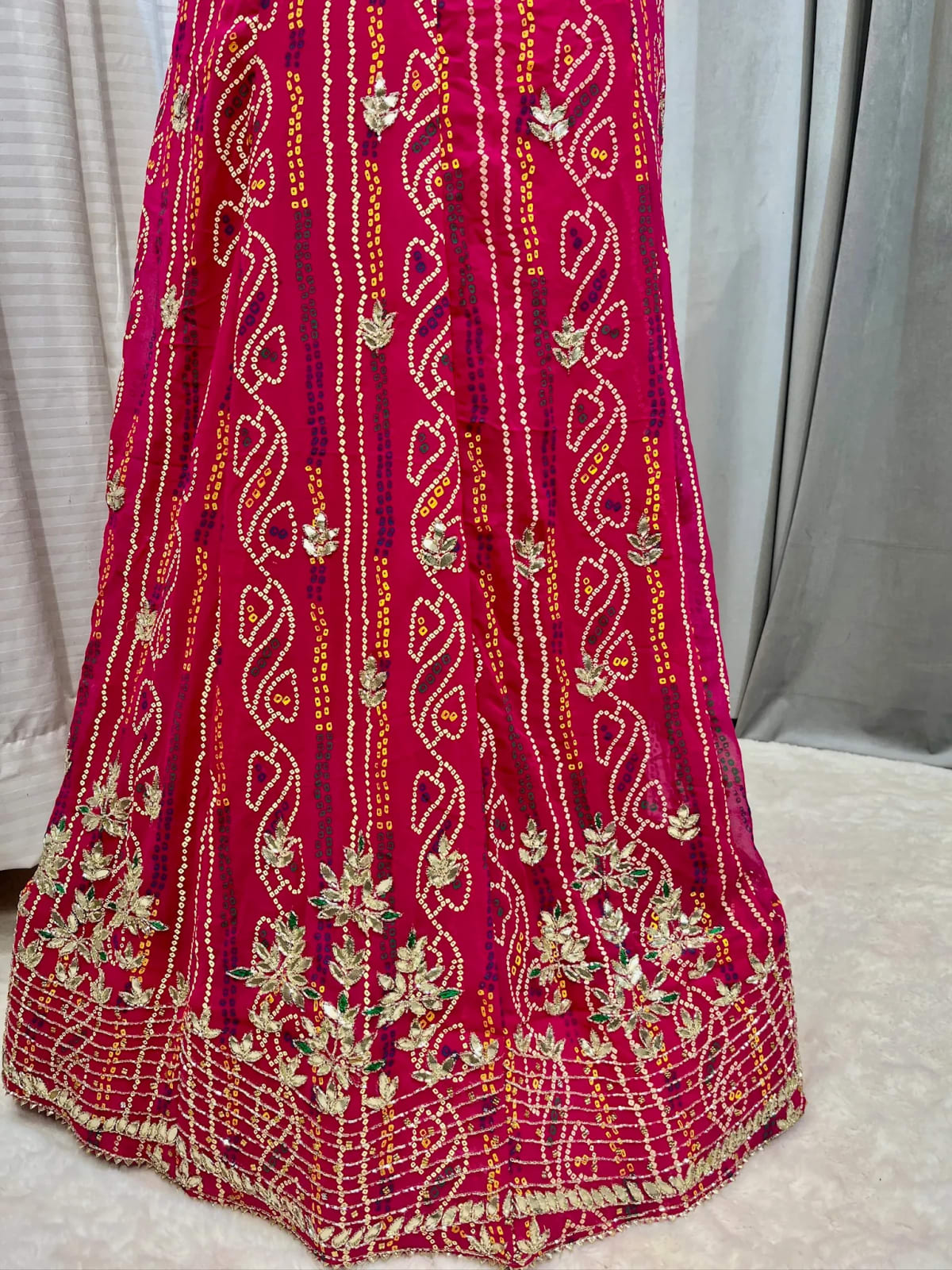 Bandhej Georgette Fabric Lehenga with Handcrafted Kundan Patti Work