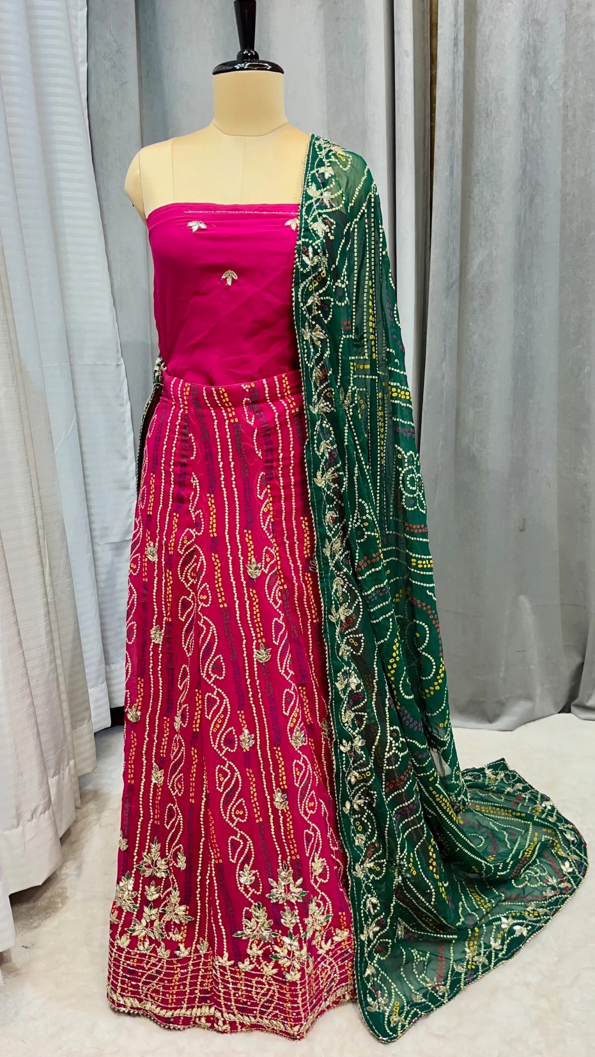 Bandhej Georgette Fabric Lehenga with Handcrafted Kundan Patti Work