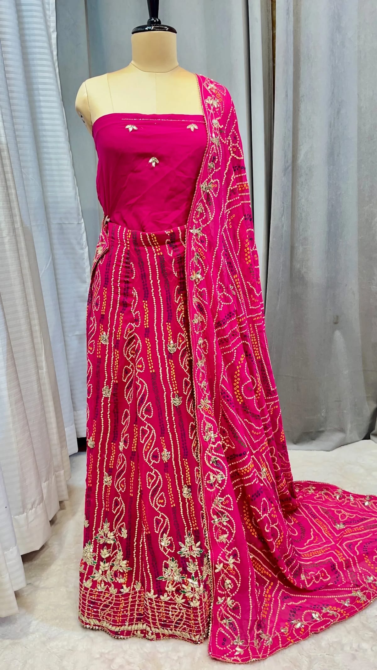 Bandhej Georgette Fabric Lehenga with Handcrafted Kundan Patti Work