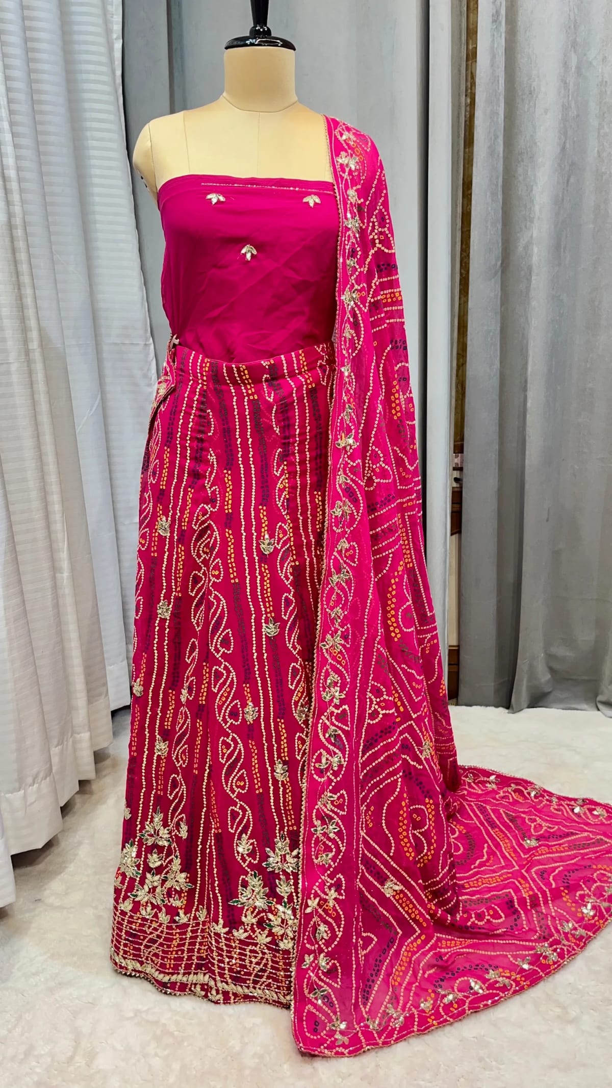 Bandhej Georgette Fabric Lehenga with Handcrafted Kundan Patti Work