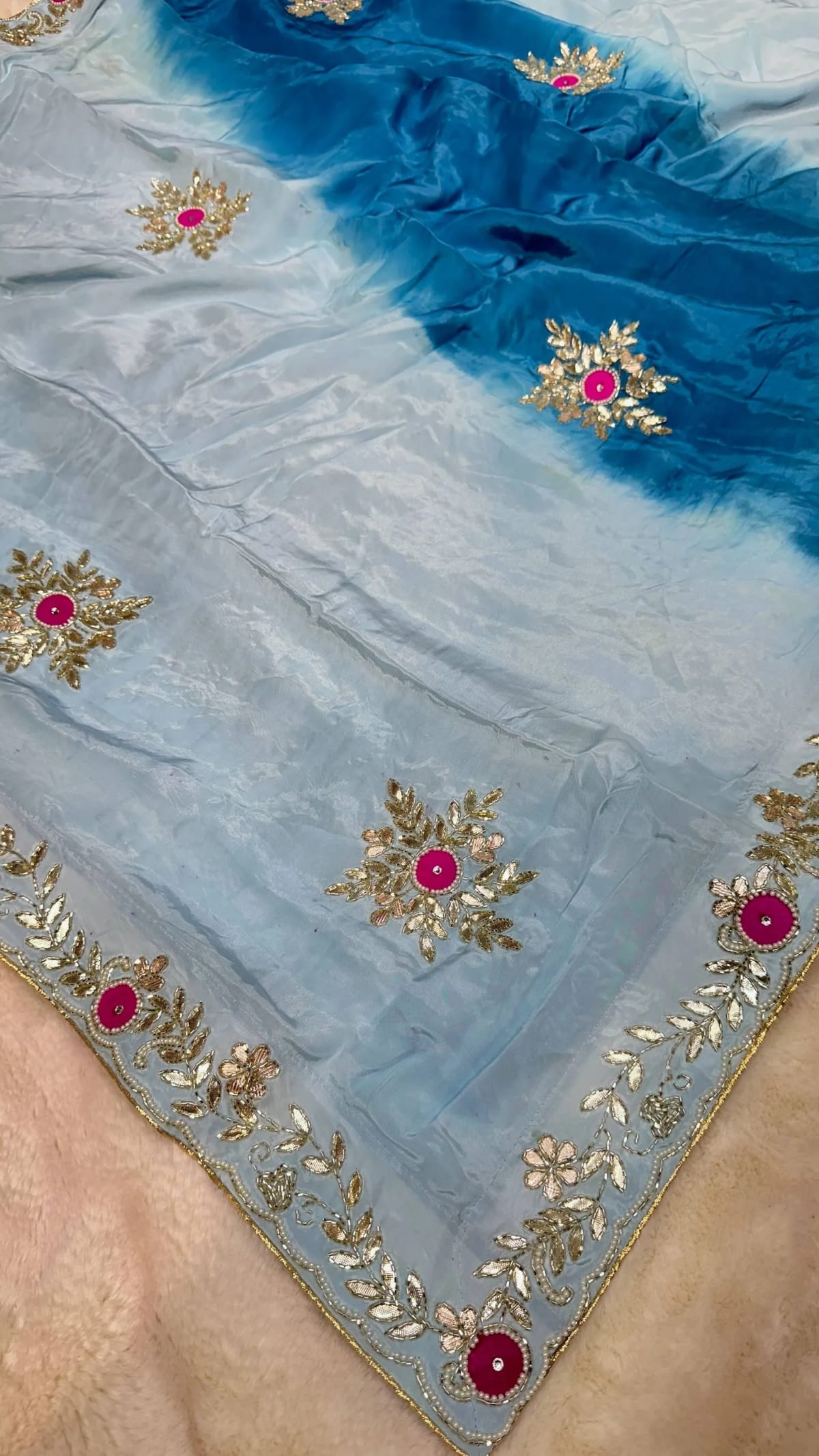 Designer Italian Crepe Fabric Saree with Kundan Moti Patti Work in Elegant Shaded Colors