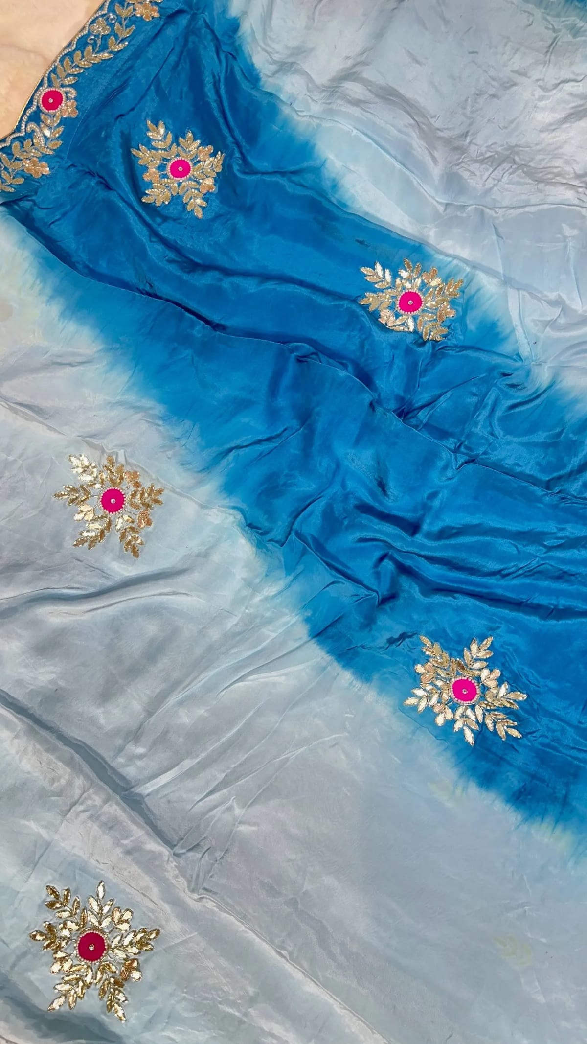 Designer Italian Crepe Fabric Saree with Kundan Moti Patti Work in Elegant Shaded Colors