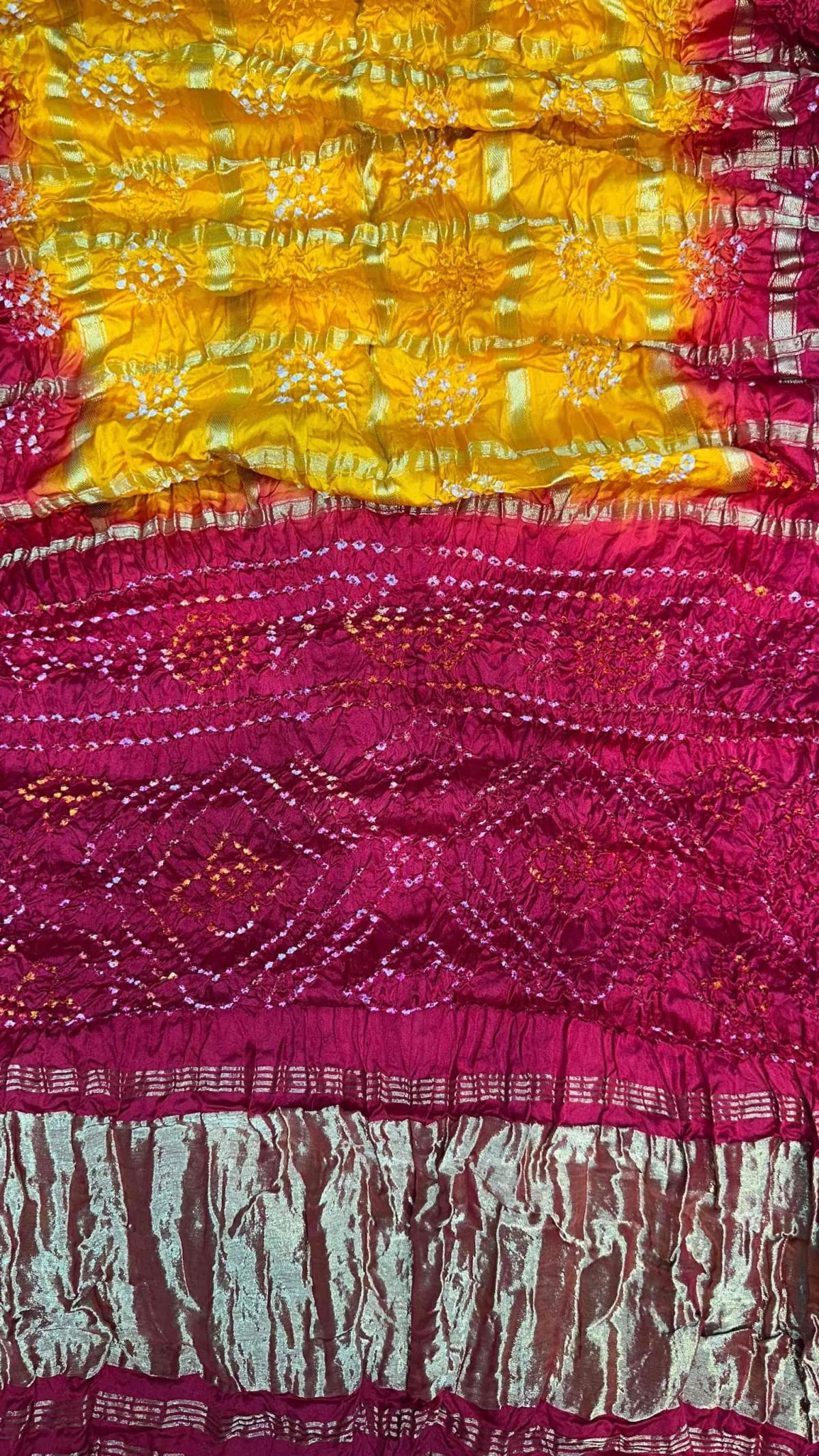 Modal Silk Fabric Saree with Lakdi Patta Zari Work & All Over Hand Bandhej Design