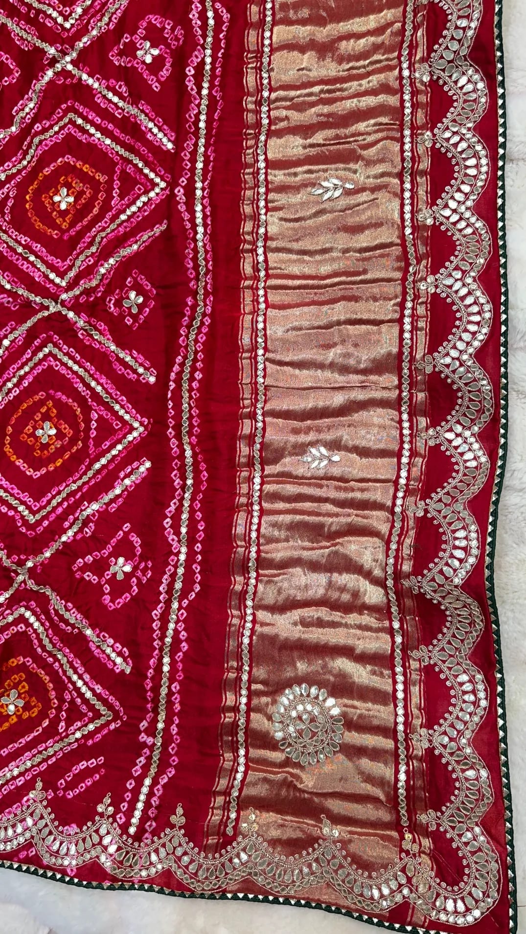 Pure Gaji Silk Fabric Ghatchola Saree with Zari Weaving & Zardozi Dori Moti Patti Work