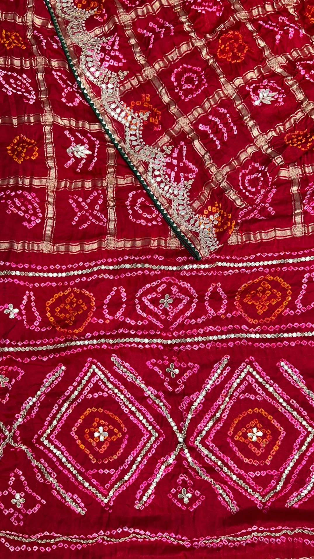 Pure Gaji Silk Fabric Ghatchola Saree with Zari Weaving & Zardozi Dori Moti Patti Work
