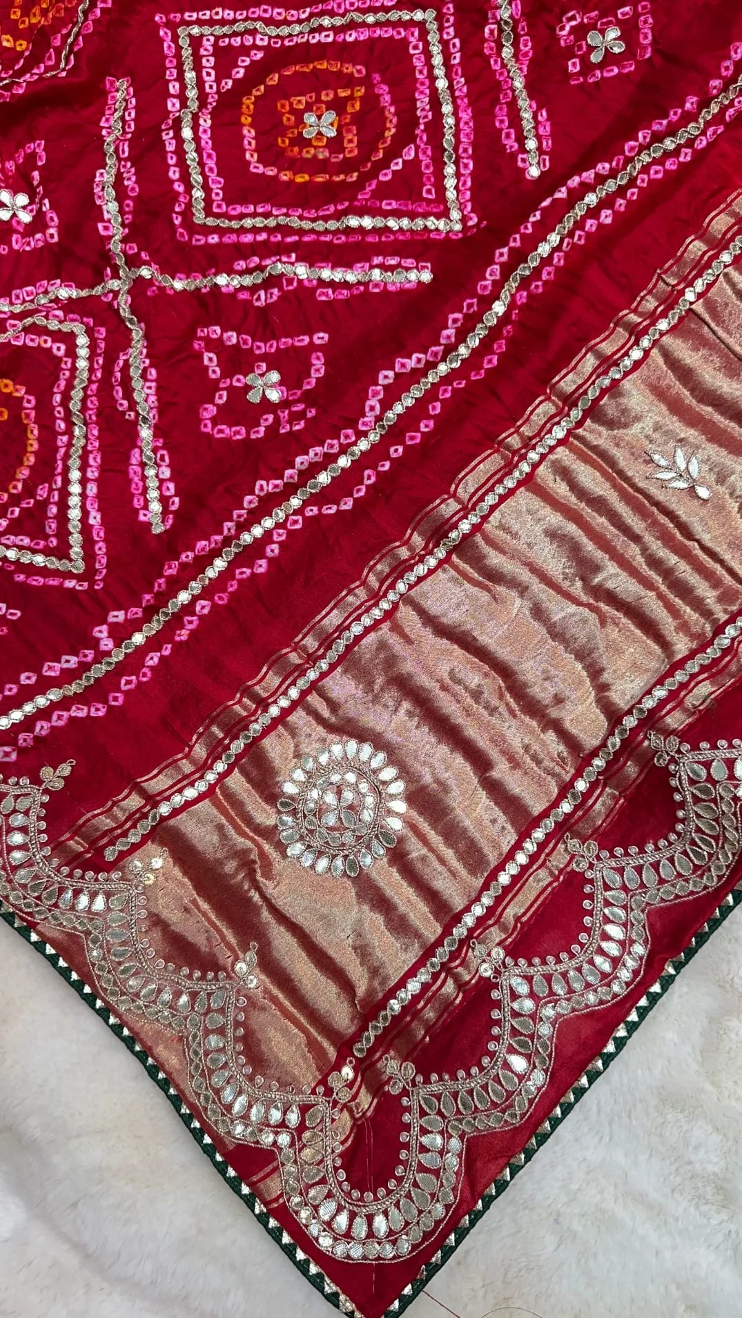 Pure Gaji Silk Fabric Ghatchola Saree with Zari Weaving & Zardozi Dori Moti Patti Work