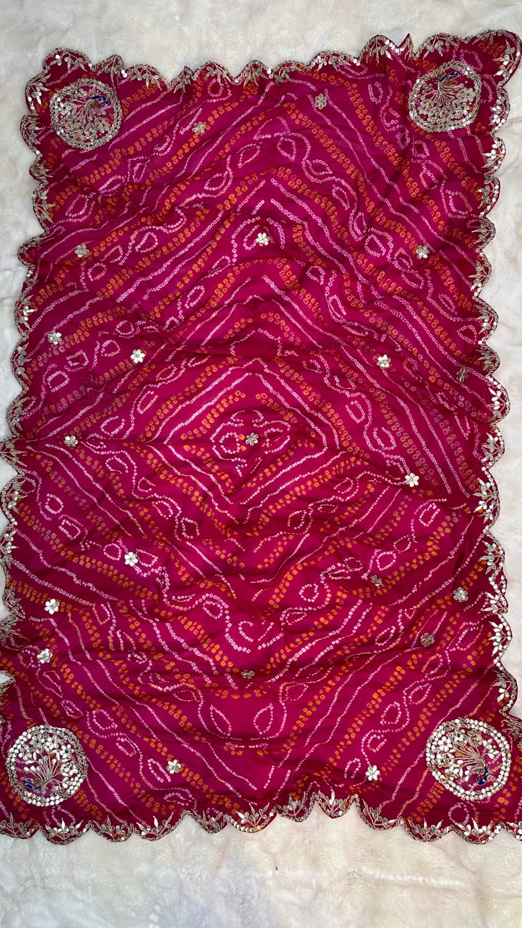 Trending Hand Bandhej Dupatta in Pure Ojariya Crepe Fabric with Zardozdi, Kundan & Zero Gota Patti Work