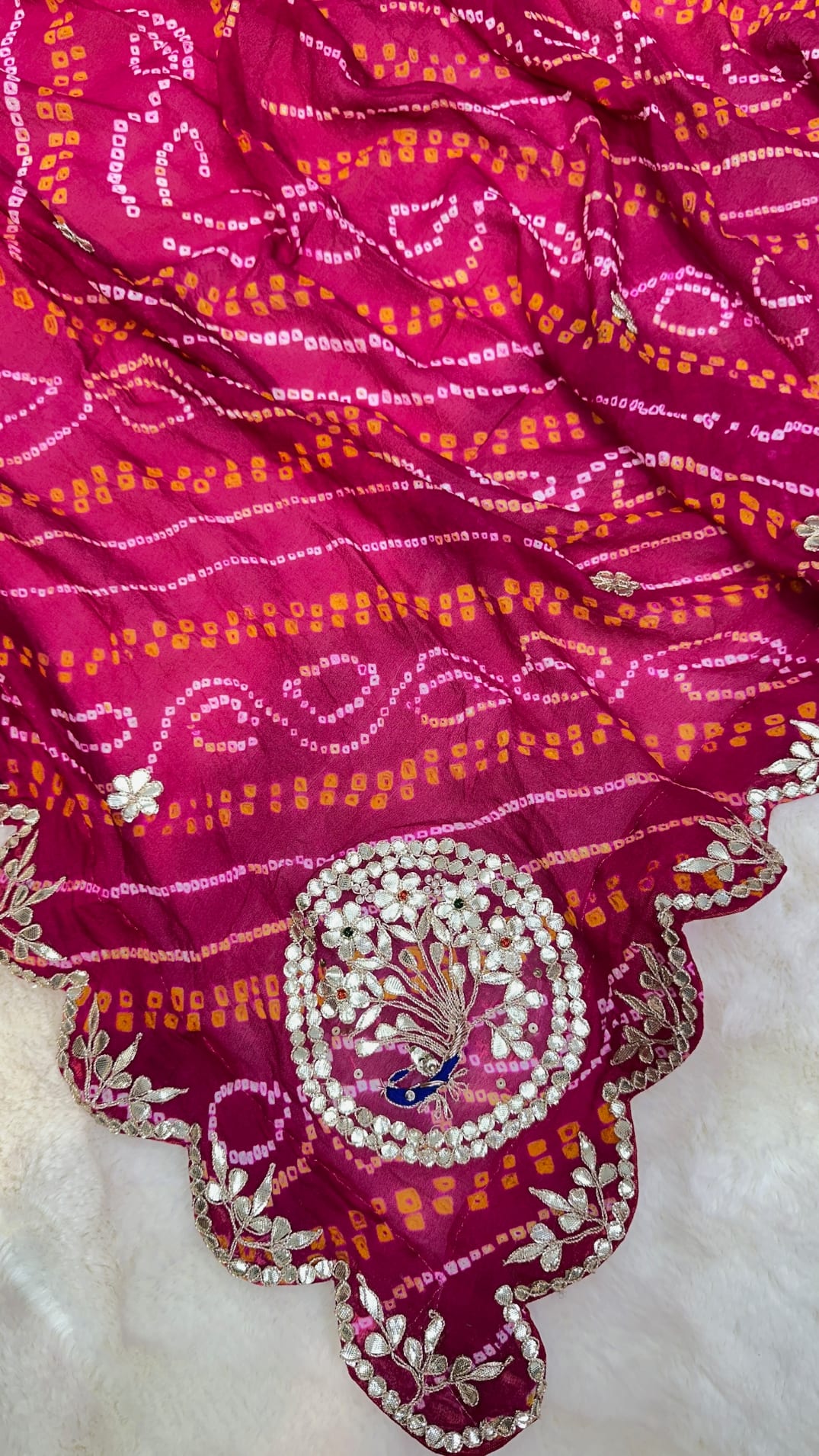 Trending Hand Bandhej Dupatta in Pure Ojariya Crepe Fabric with Zardozdi, Kundan & Zero Gota Patti Work