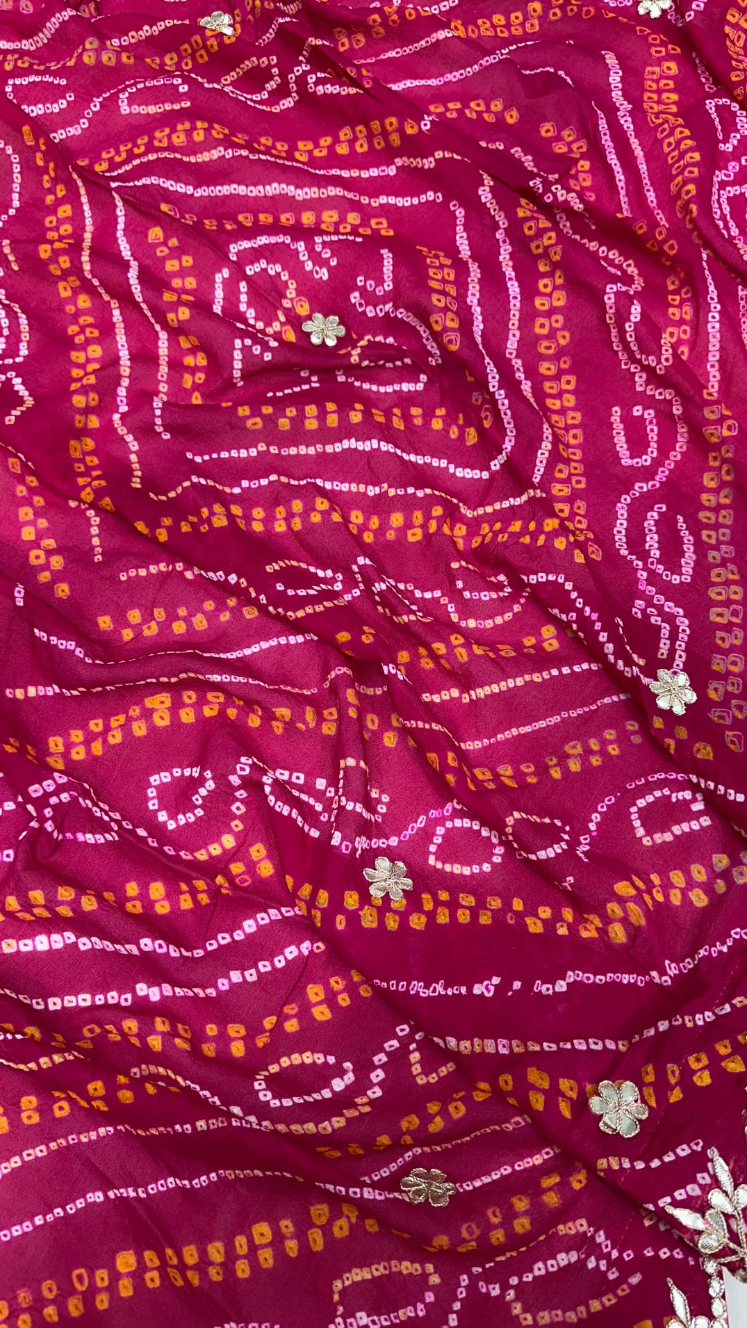 Trending Hand Bandhej Dupatta in Pure Ojariya Crepe Fabric with Zardozdi, Kundan & Zero Gota Patti Work