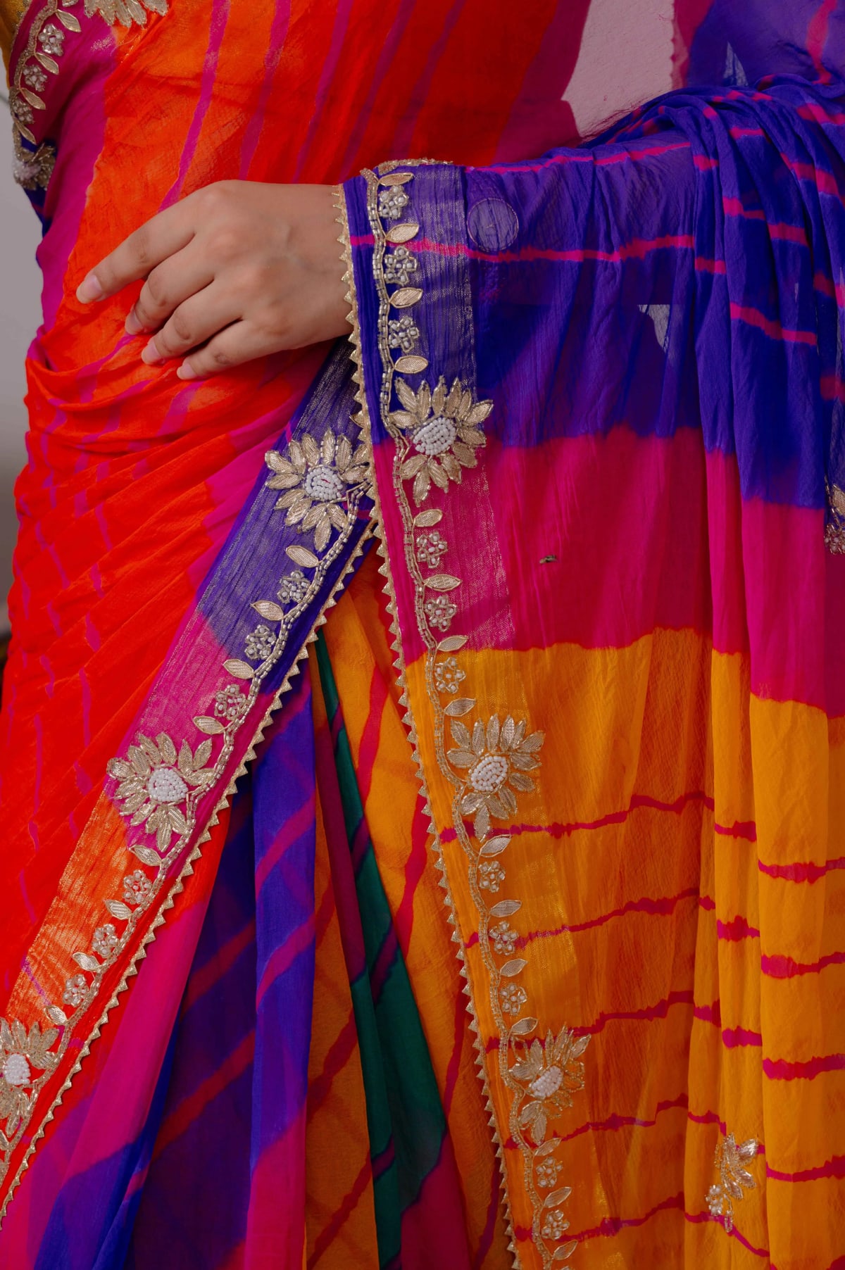 Chiffon Fabric Lehariya Saree with Zardosi Kundan and Moti Handwork