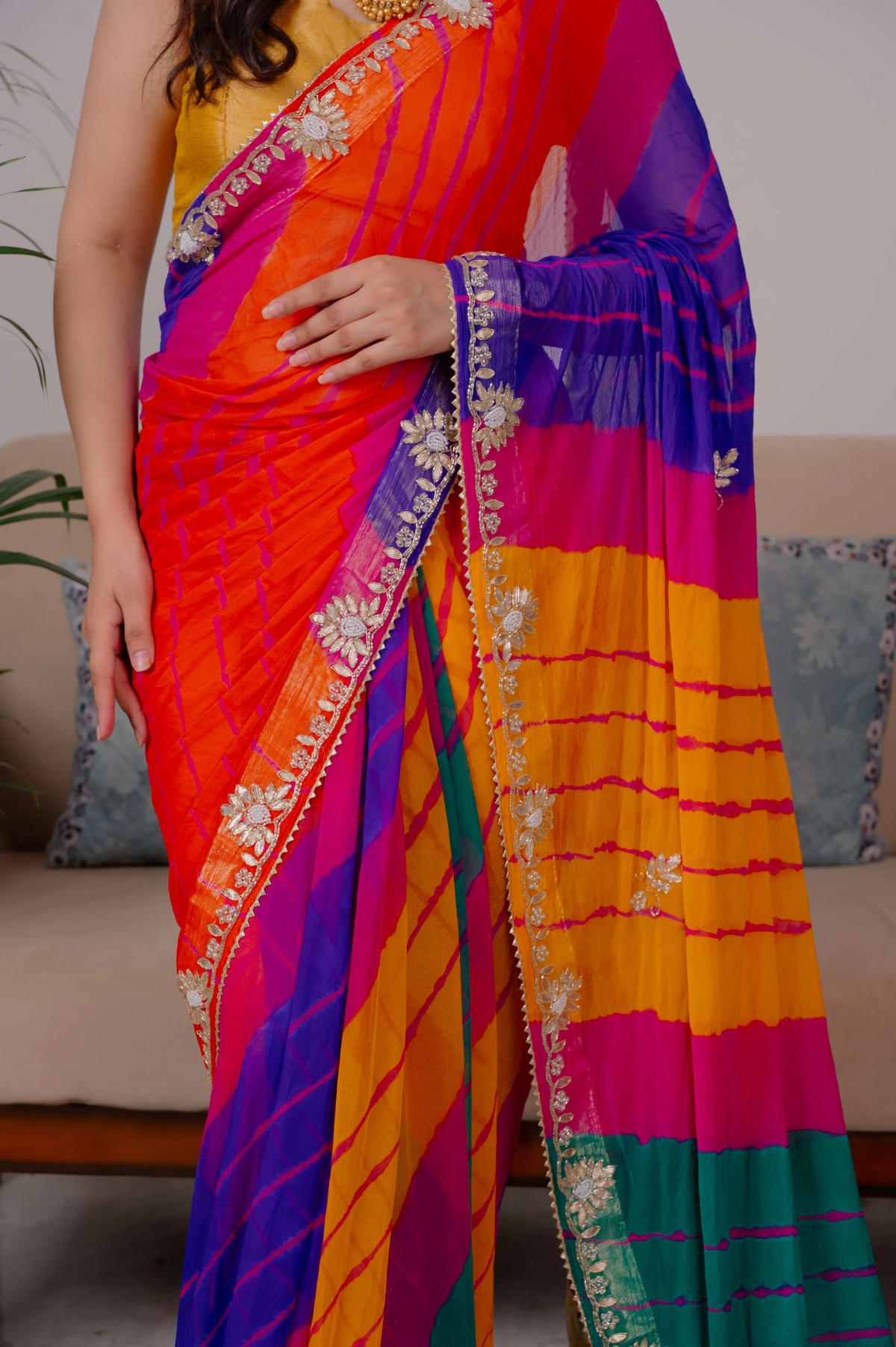 Chiffon Fabric Lehariya Saree with Zardosi Kundan and Moti Handwork