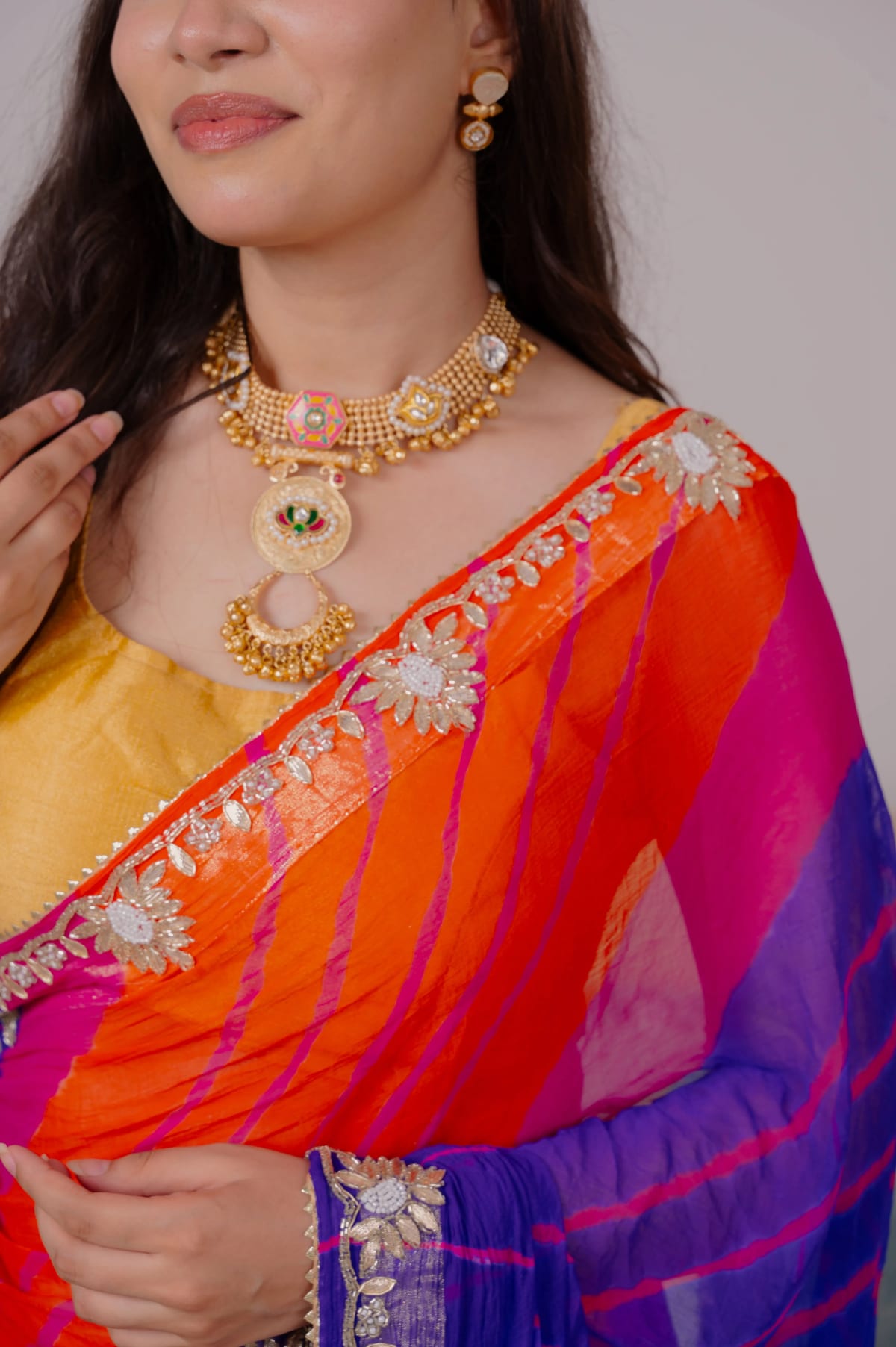 Chiffon Fabric Lehariya Saree with Zardosi Kundan and Moti Handwork