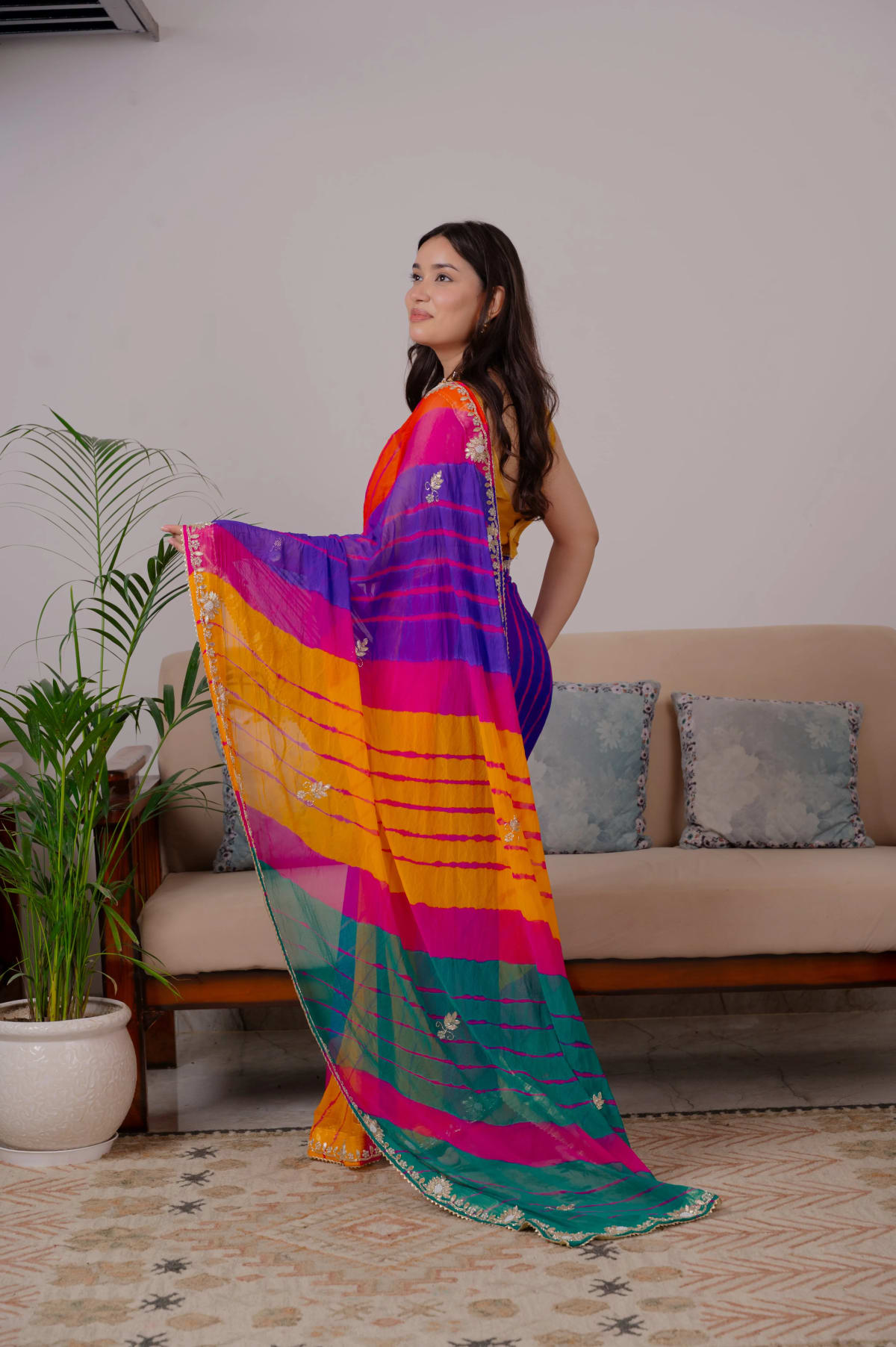Chiffon Fabric Lehariya Saree with Zardosi Kundan and Moti Handwork