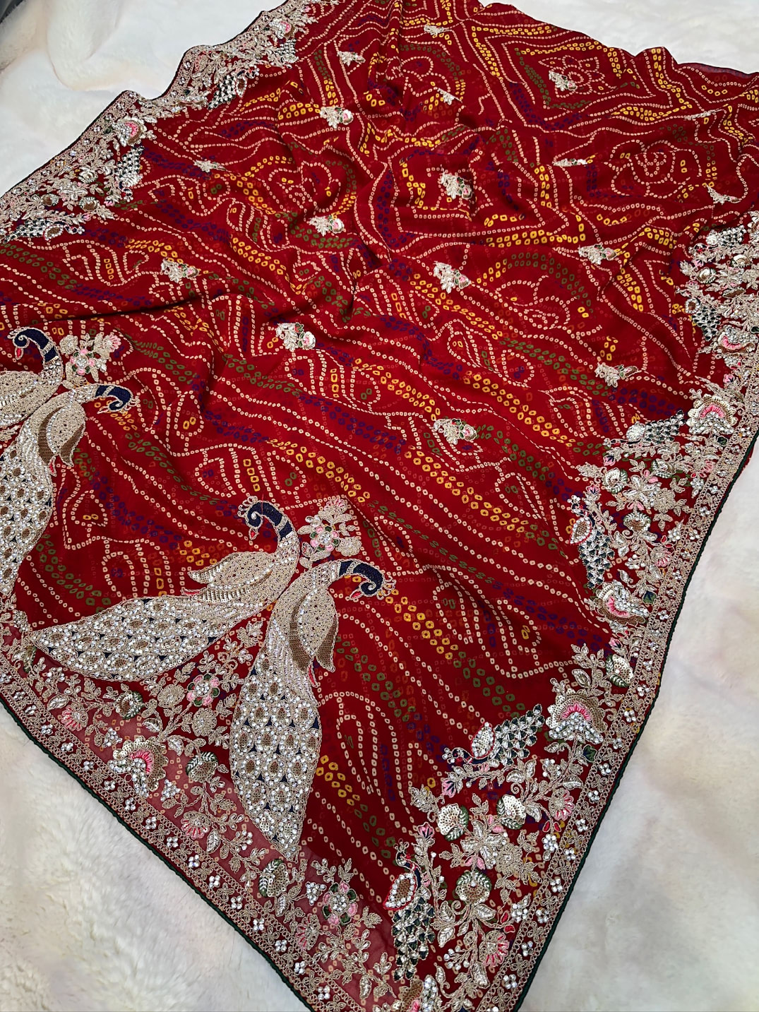 Traditional Bandhej Chundri Saree in Fine Georgette Fabric with Heavy Zari, Resham Sequence & Diamond Stone Work – Luxury Festive Ethnic Wear
