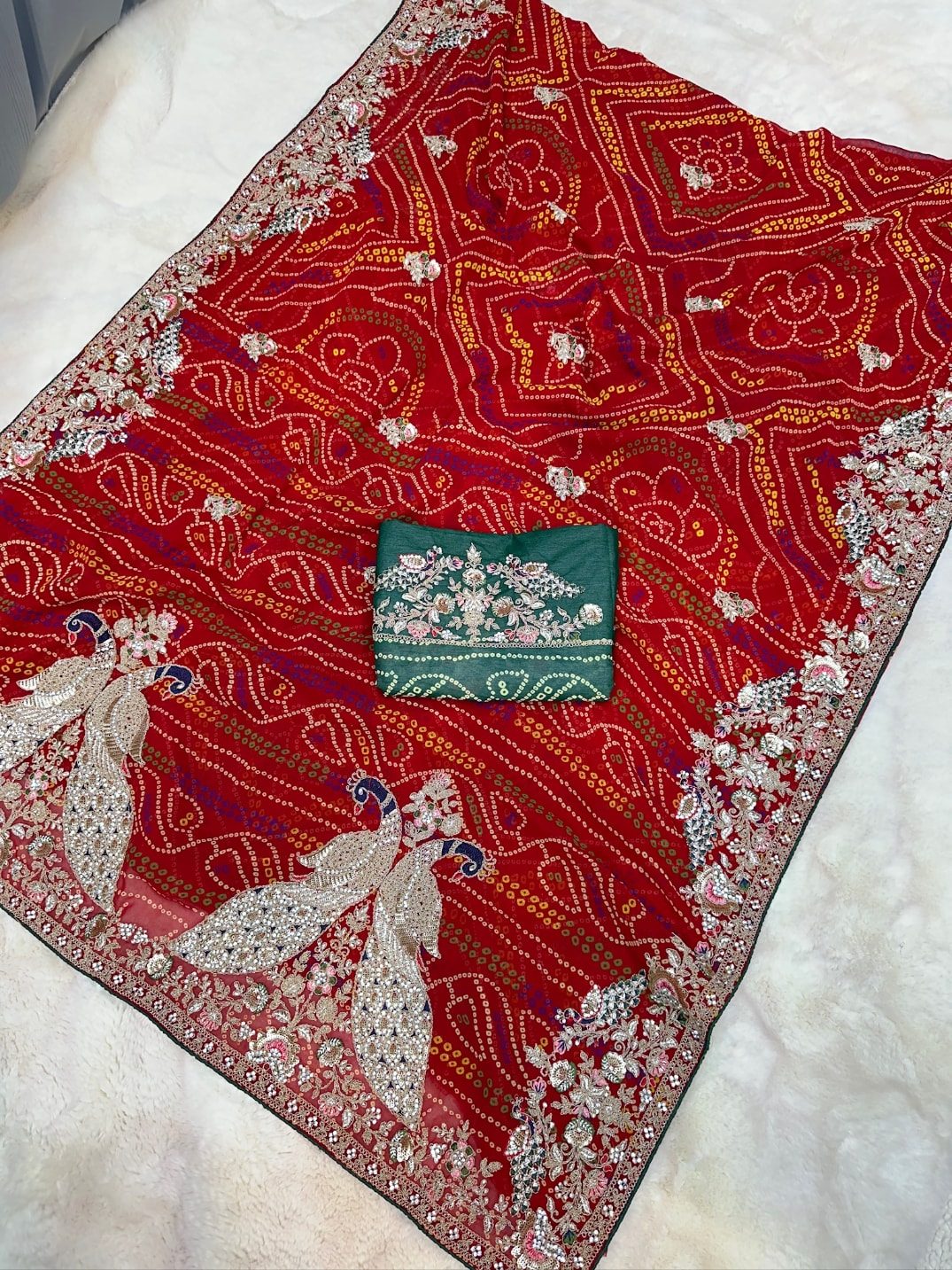 Traditional Bandhej Chundri Saree in Fine Georgette Fabric with Heavy Zari, Resham Sequence & Diamond Stone Work – Luxury Festive Ethnic Wear