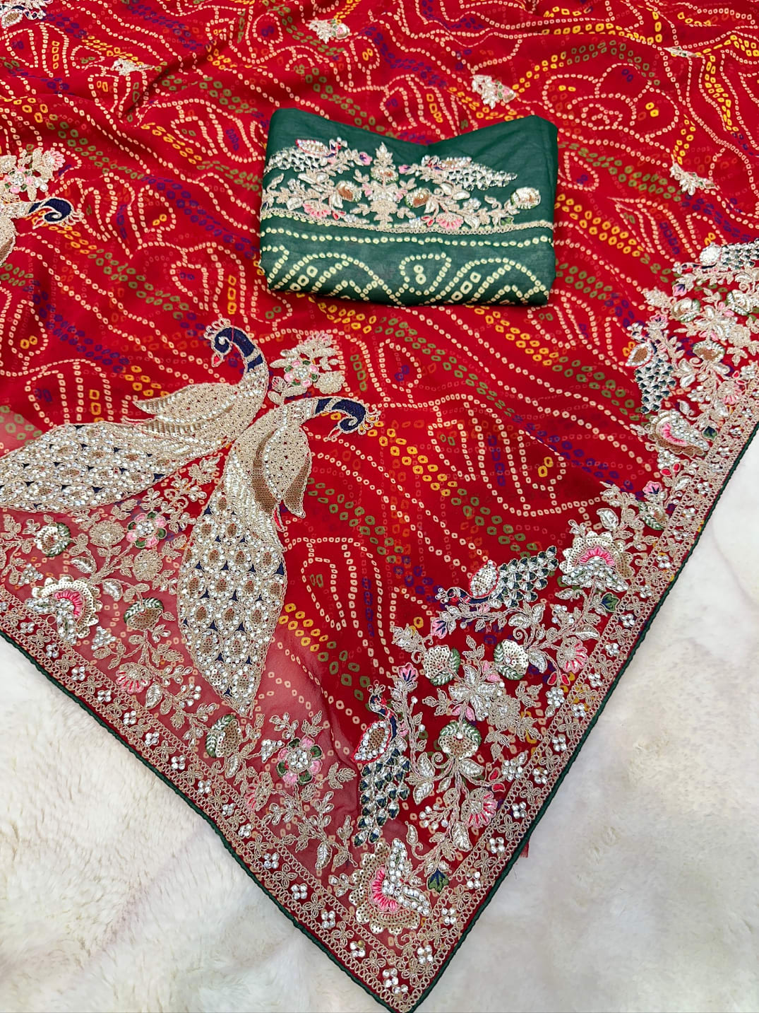 Traditional Bandhej Chundri Saree in Fine Georgette Fabric with Heavy Zari, Resham Sequence & Diamond Stone Work – Luxury Festive Ethnic Wear