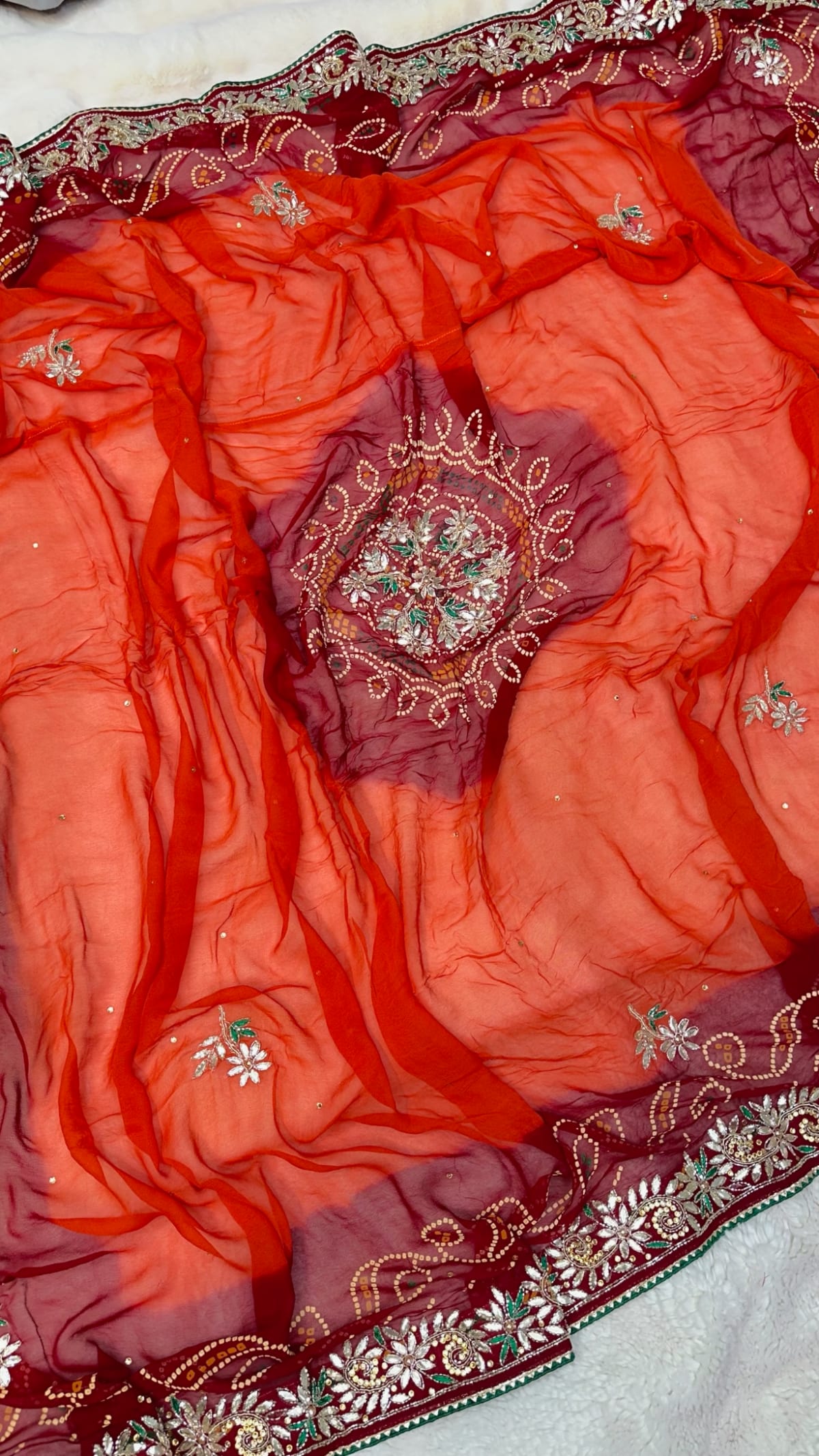 Traditional Orange Pilla Odhna in Viscose Georgette Fabric with Zardozi Kundan Patti Work – Royal Ethnic Dupatta