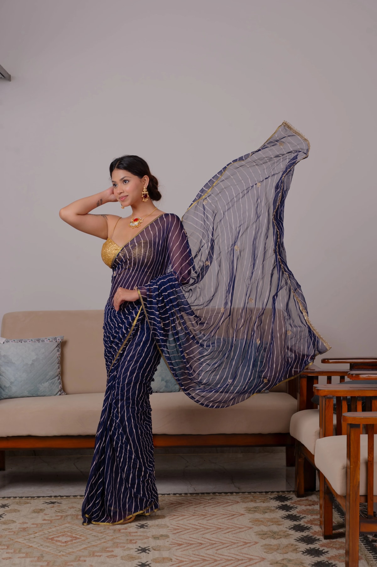 Pure Chiffon Fabric Lehariya Saree with Elegant Kardana Buti Work