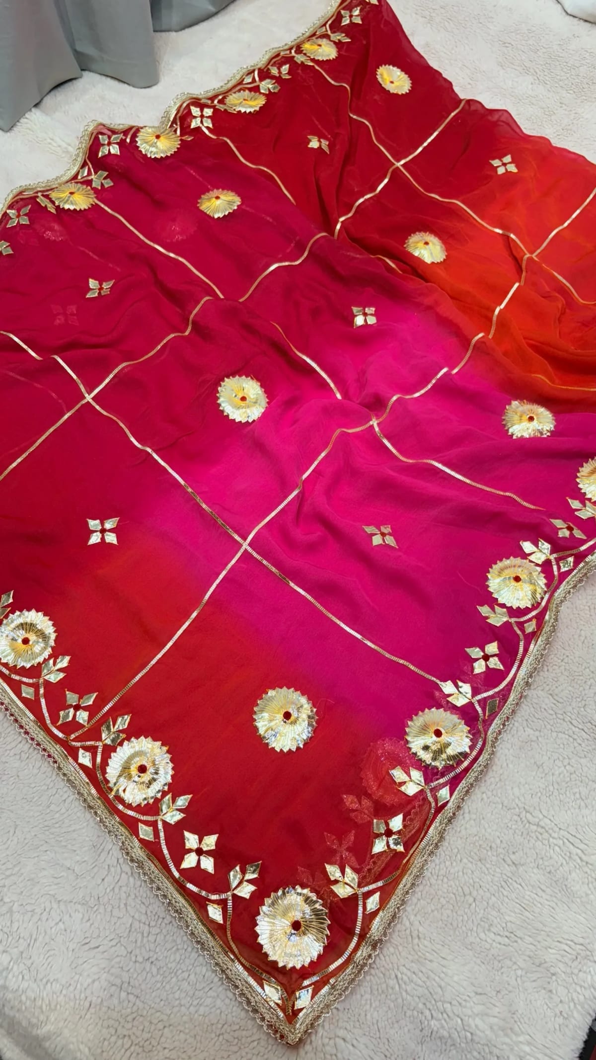 Pure Chiffon Fabric Saree with Traditional Kaccha Gota Handwork