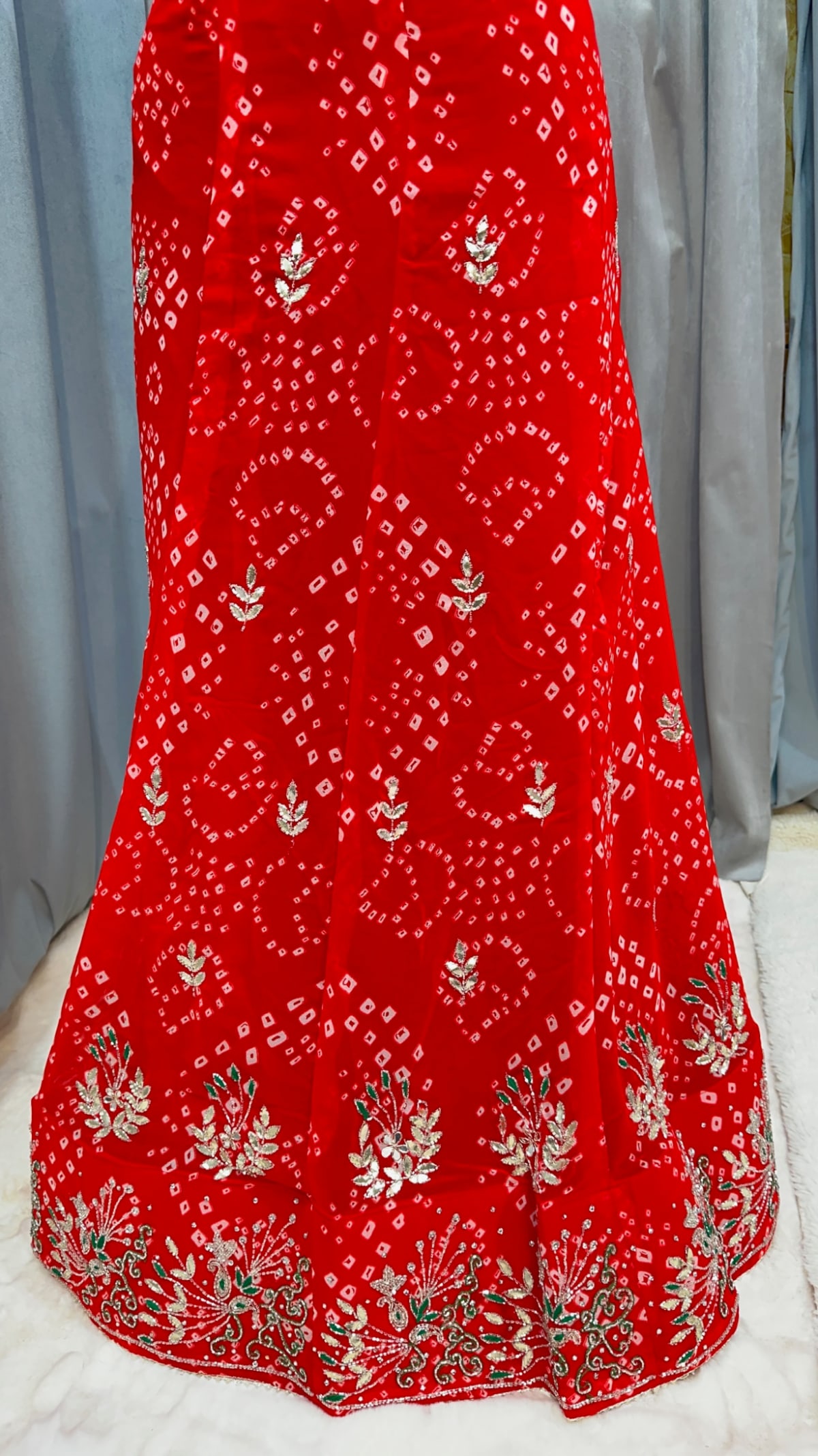 Designer Trending Bandhej Lehenga Chunni Set in Fine Georgette Fabric with Handmade Zardozi Kundan Moti Patti Work