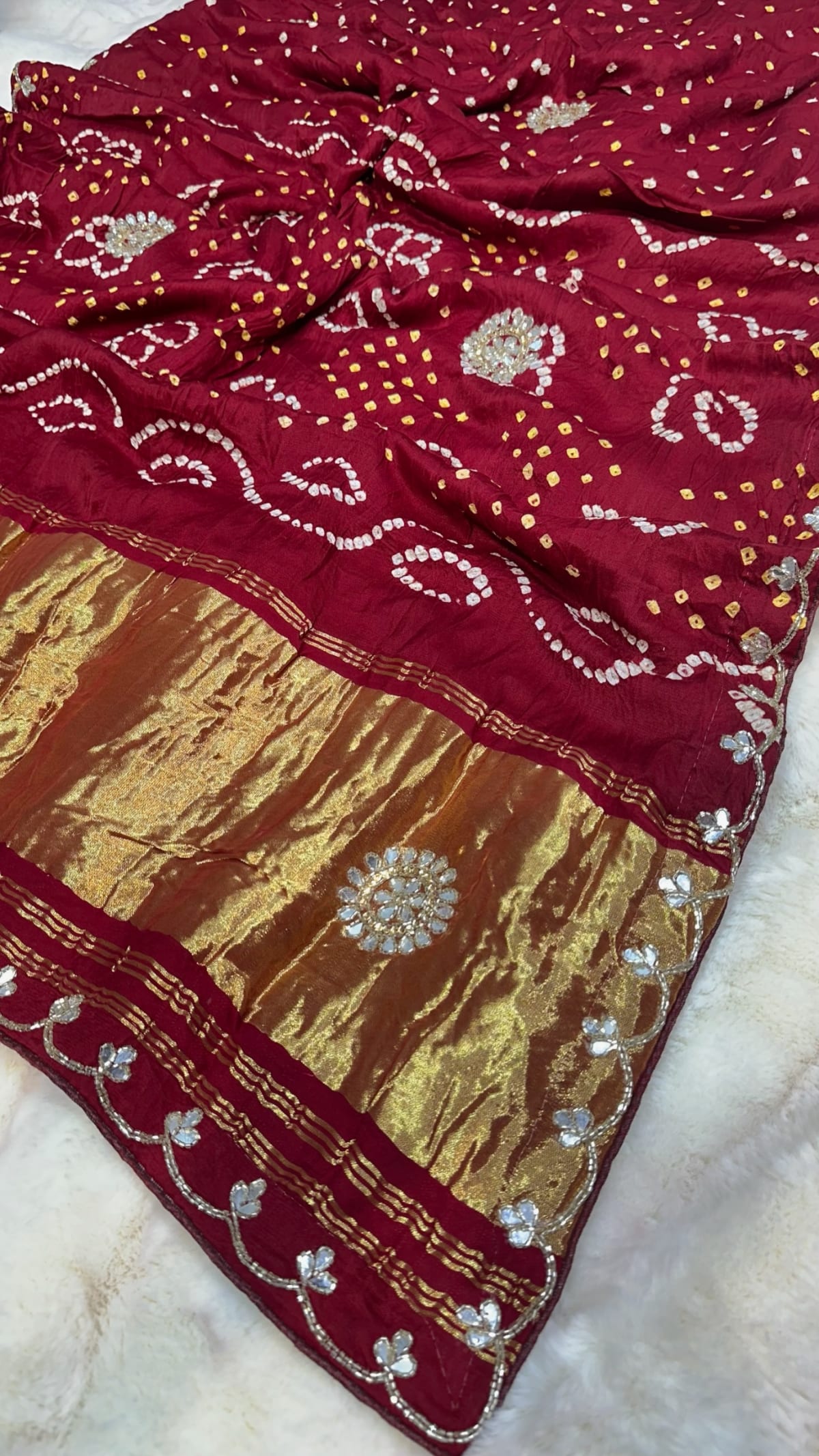 Ghat Chola Bandhej Saree Pure Modal Silk with Kundan Patti Work