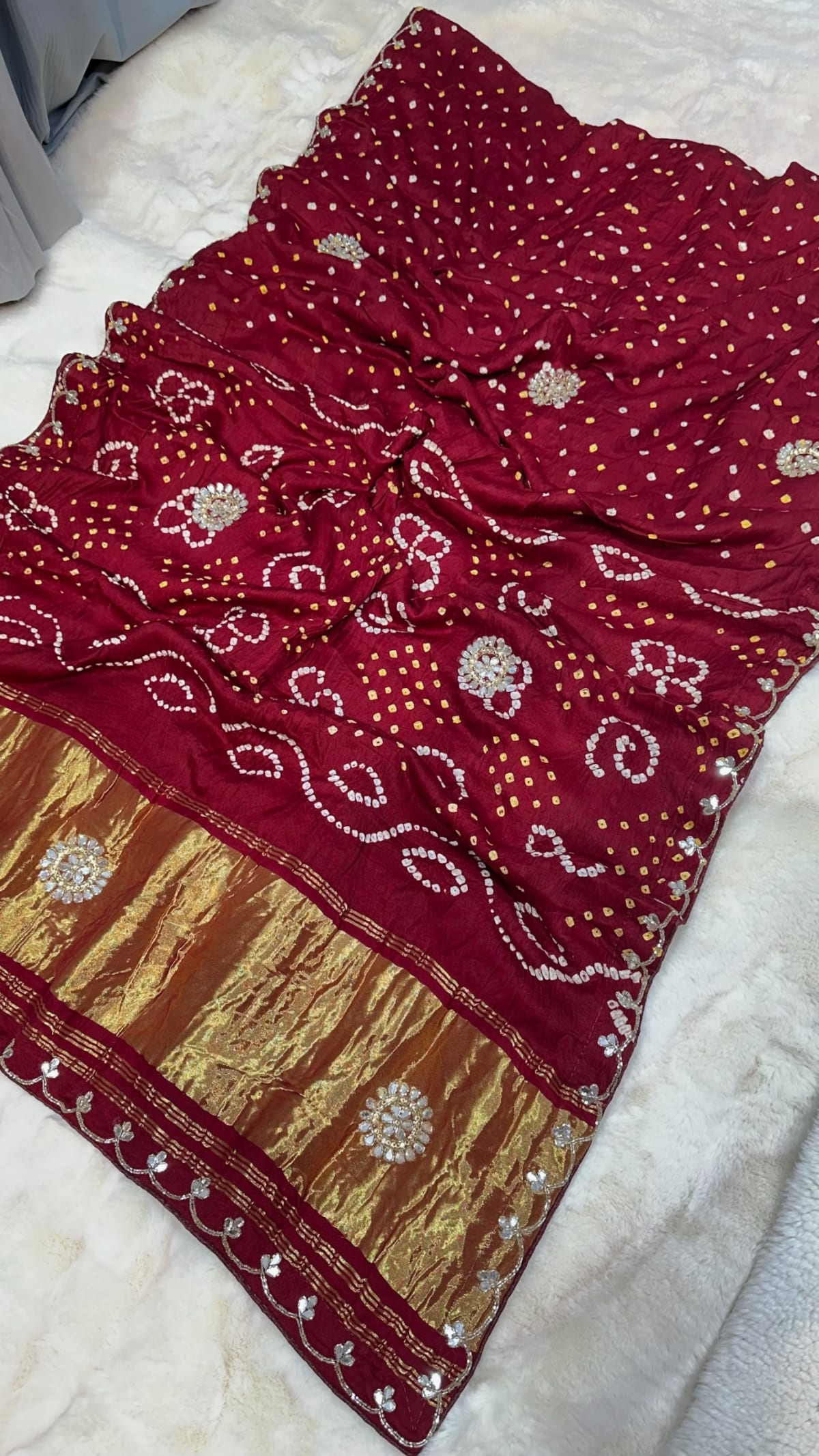 Ghat Chola Bandhej Saree Pure Modal Silk with Kundan Patti Work