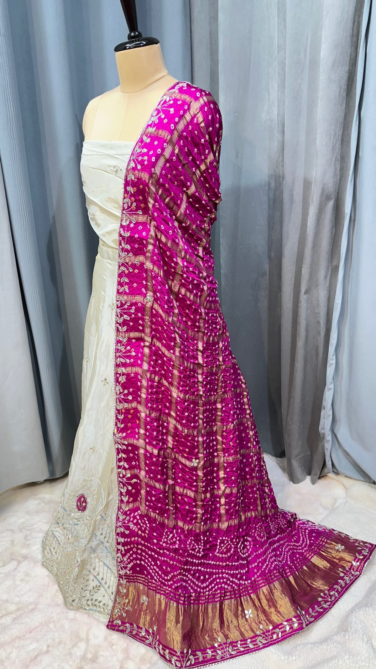 Designer Crepe Silk Fabric Lehenga Chunni Set with Handmade Kundan Moti Diamond Stone Patti Work – Bridal Wedding & Festive Wear