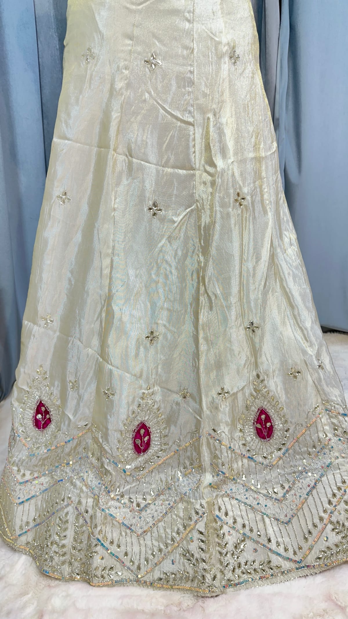 Designer Crepe Silk Fabric Lehenga Chunni Set with Handmade Kundan Moti Diamond Stone Patti Work – Bridal Wedding & Festive Wear